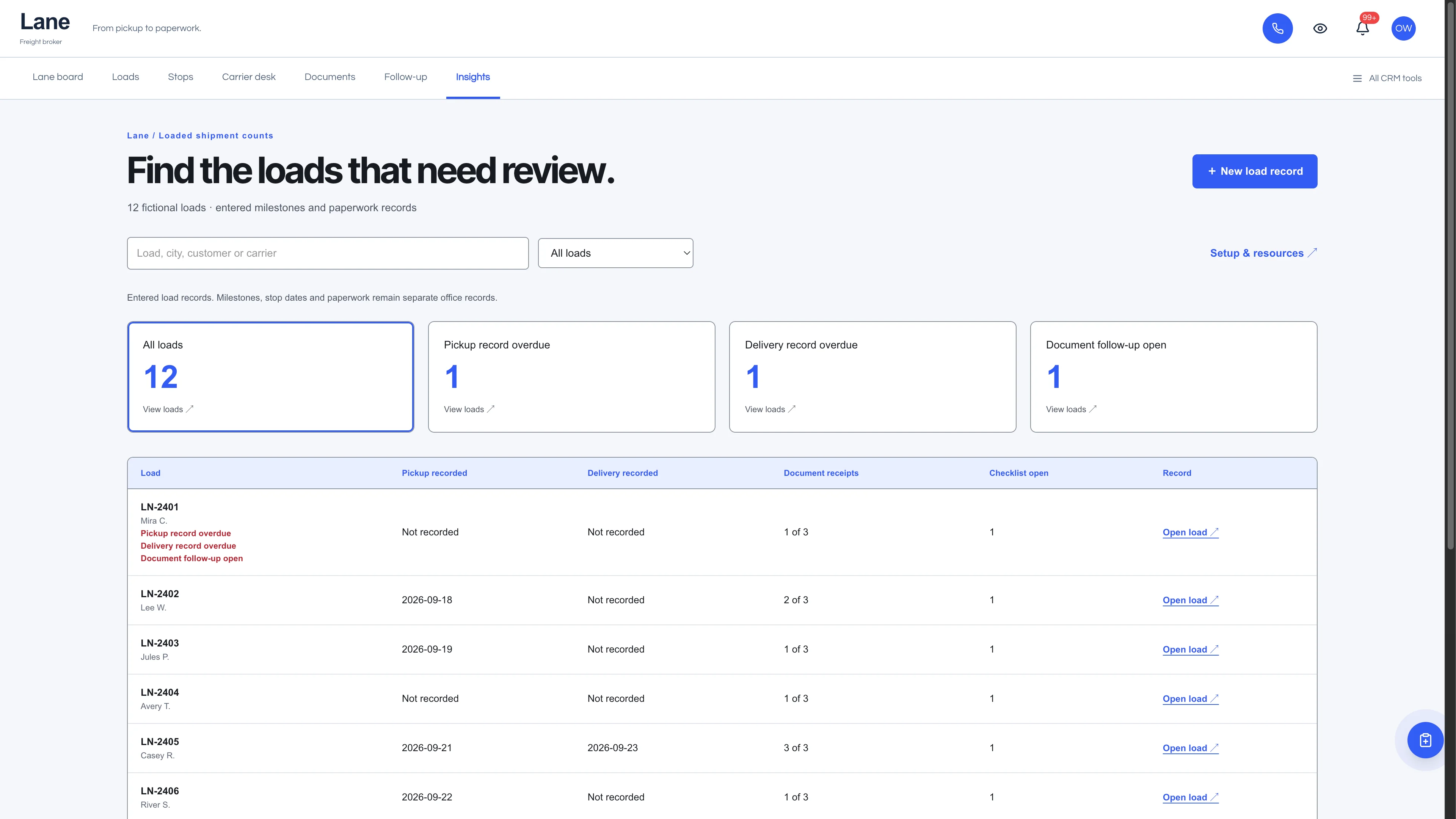 Insights in the GoSeedly Freight Broker Kit with fictional sample records