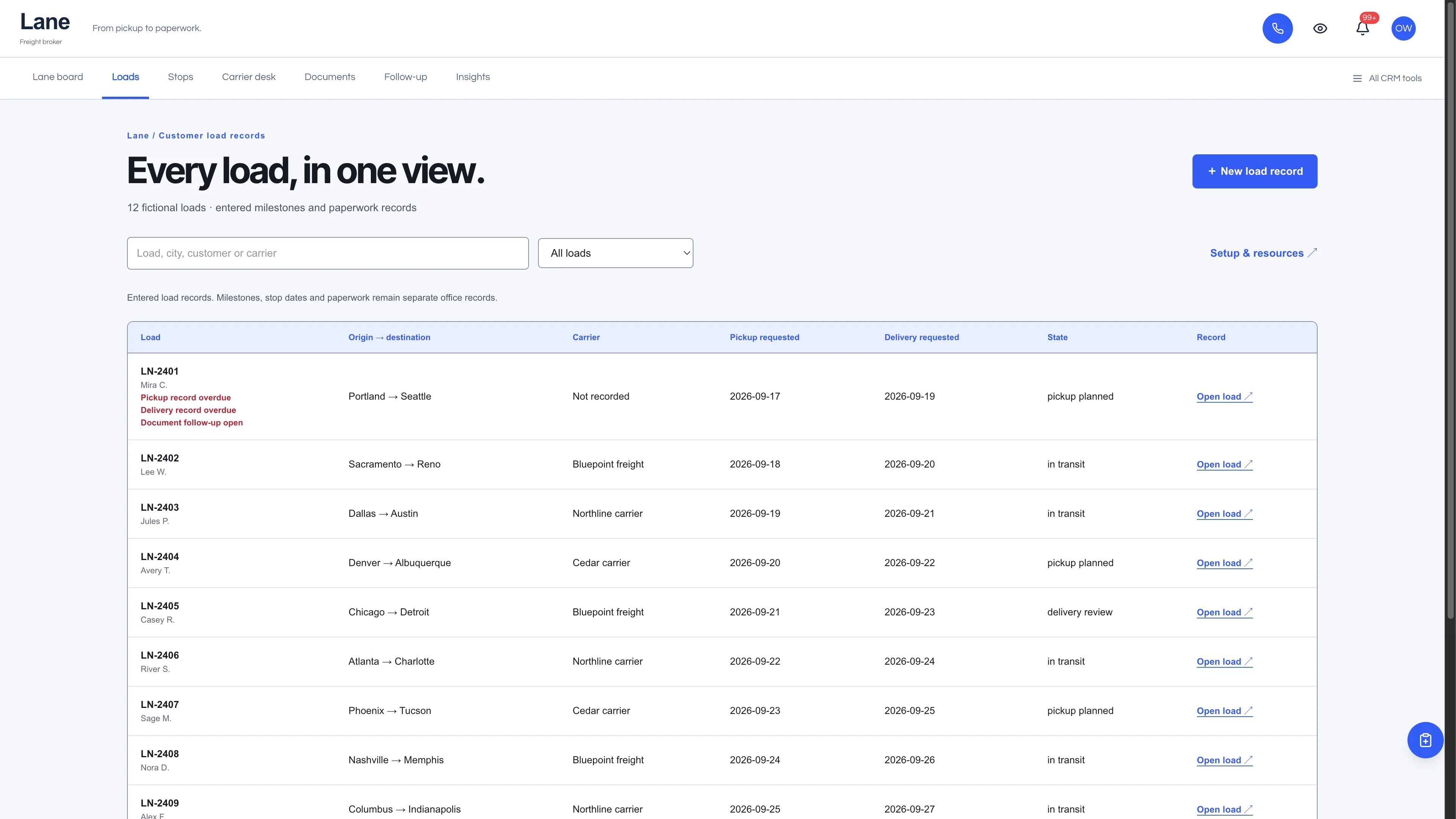 Loads in the GoSeedly Freight Broker Kit with fictional sample records
