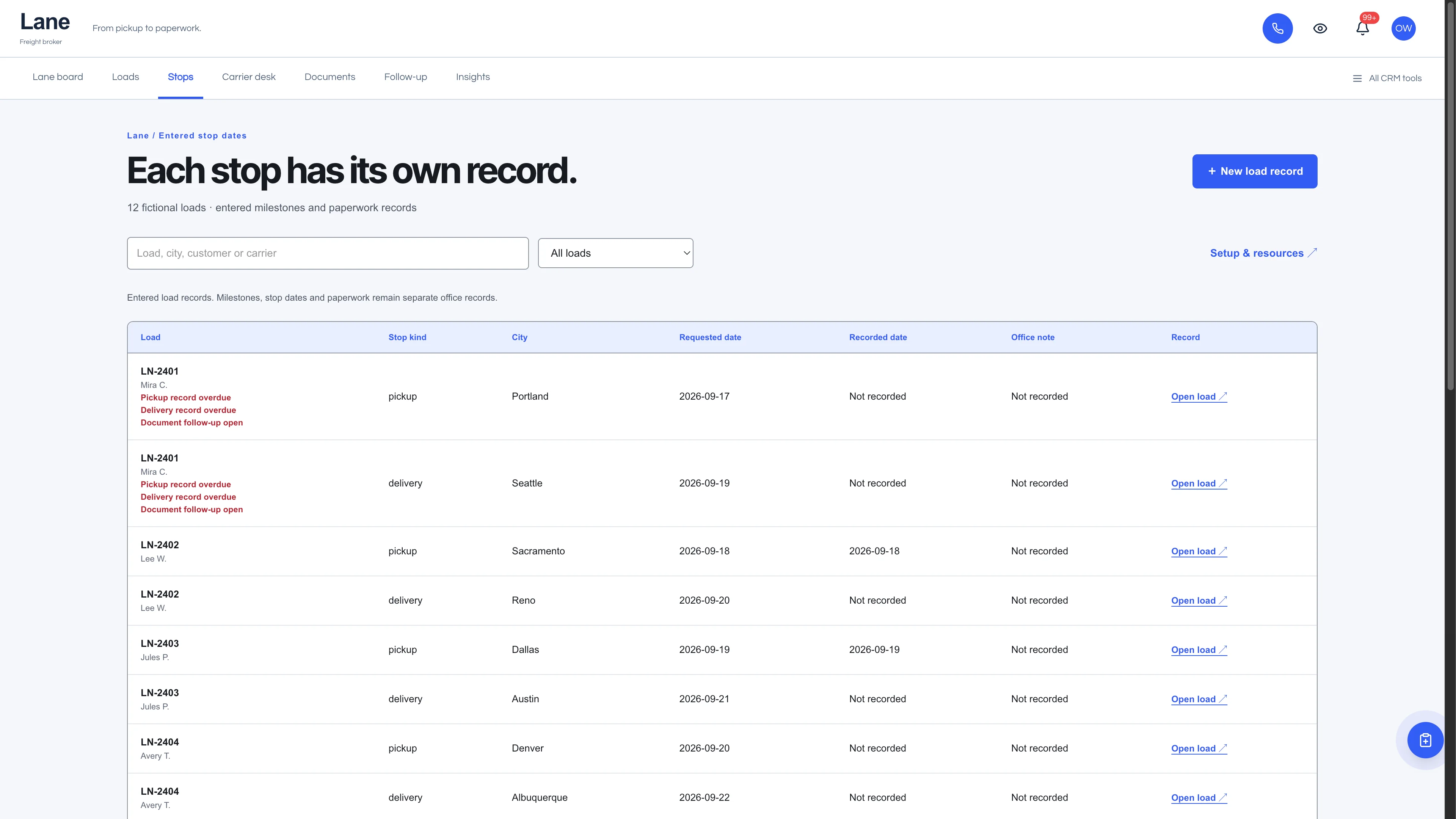 Stops in the GoSeedly Freight Broker Kit with fictional sample records