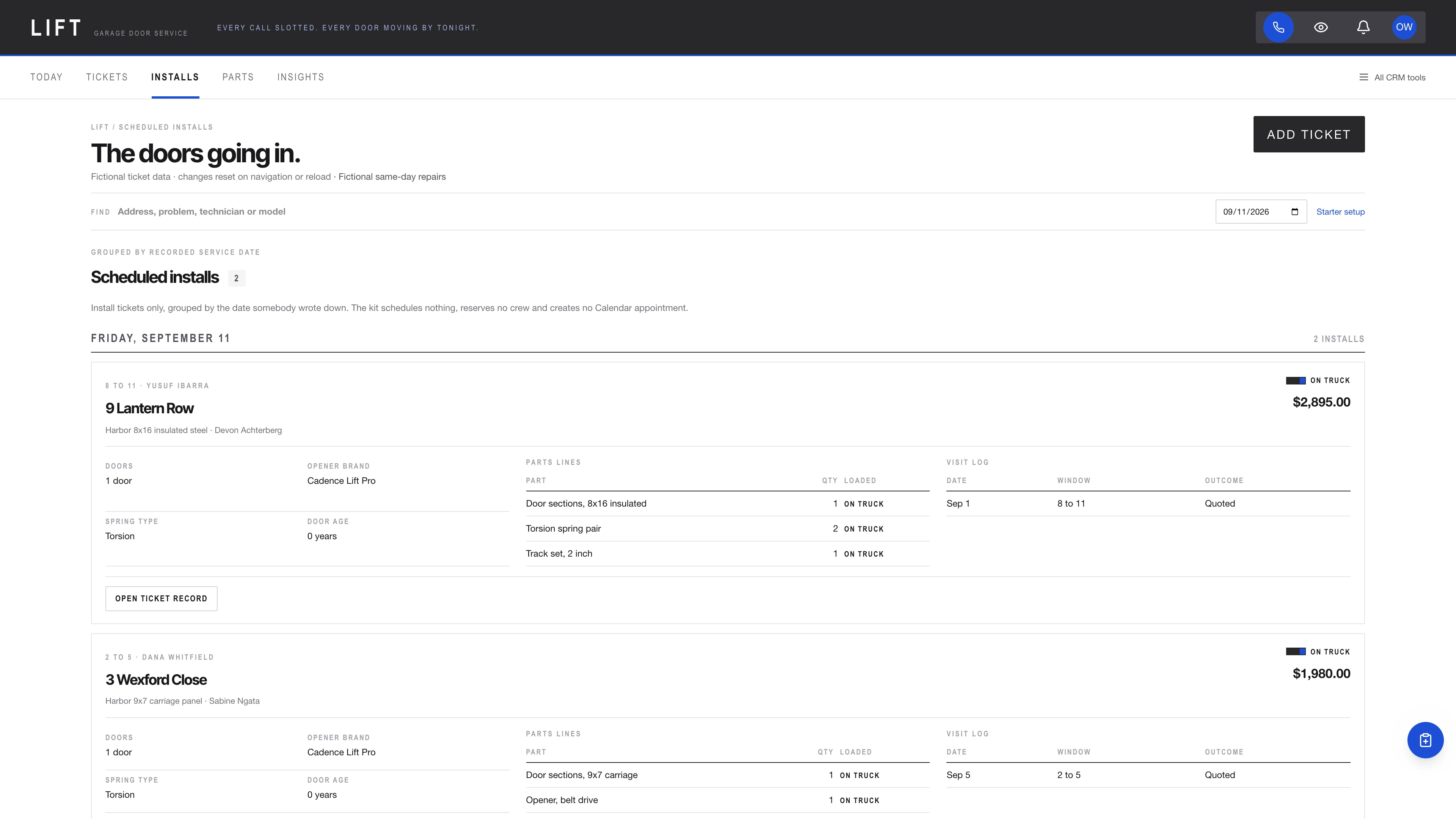 Scheduled installs in the GoSeedly Garage Door Kit with fictional sample records