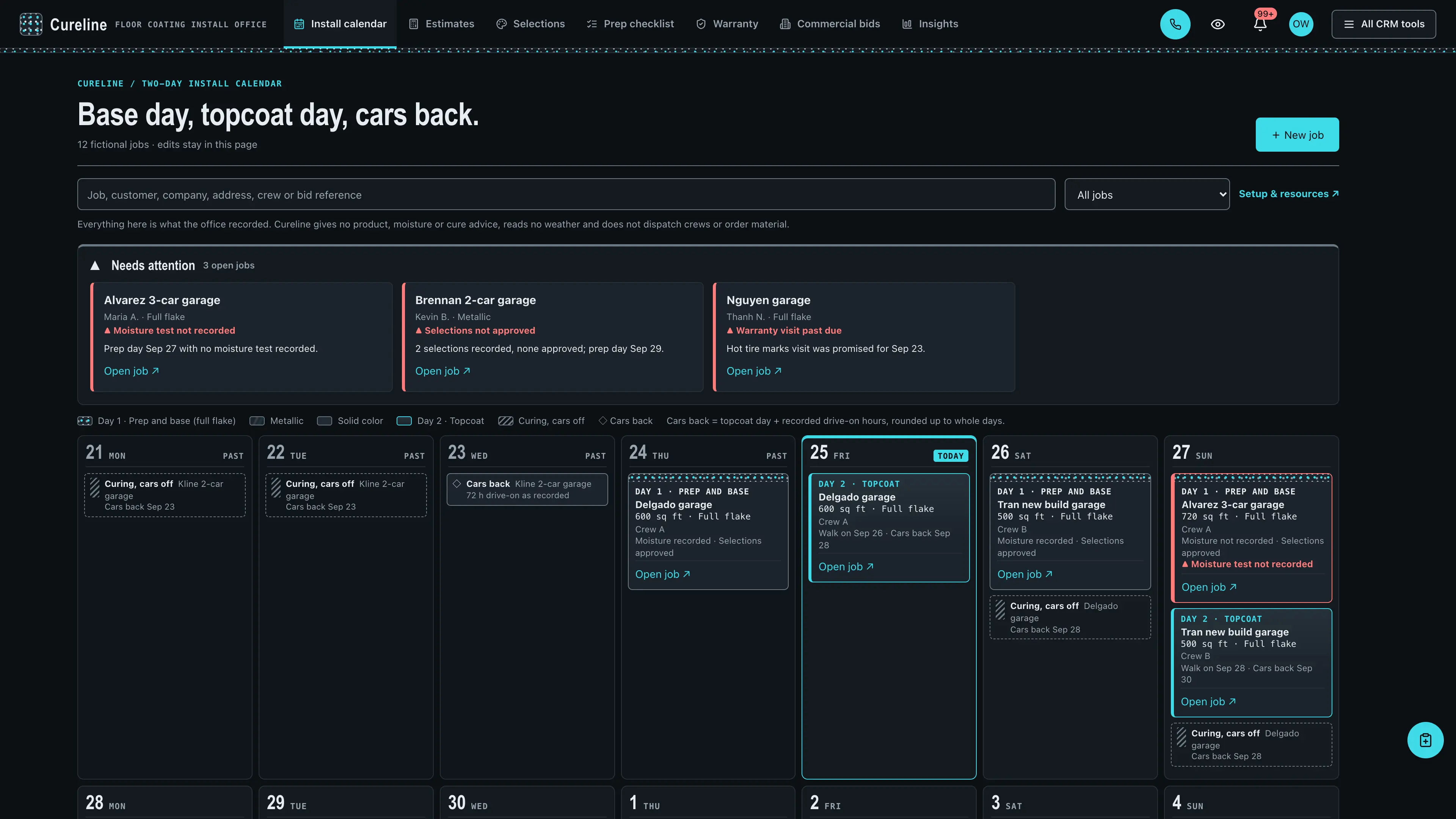 Dark top bar over a speckle band with a needs-attention strip and a Monday-first wall calendar of day cells holding speckled day 1 prep and base blocks, cyan-edged day 2 topcoat blocks, curing lines and cars-back markers, using fictional sample data