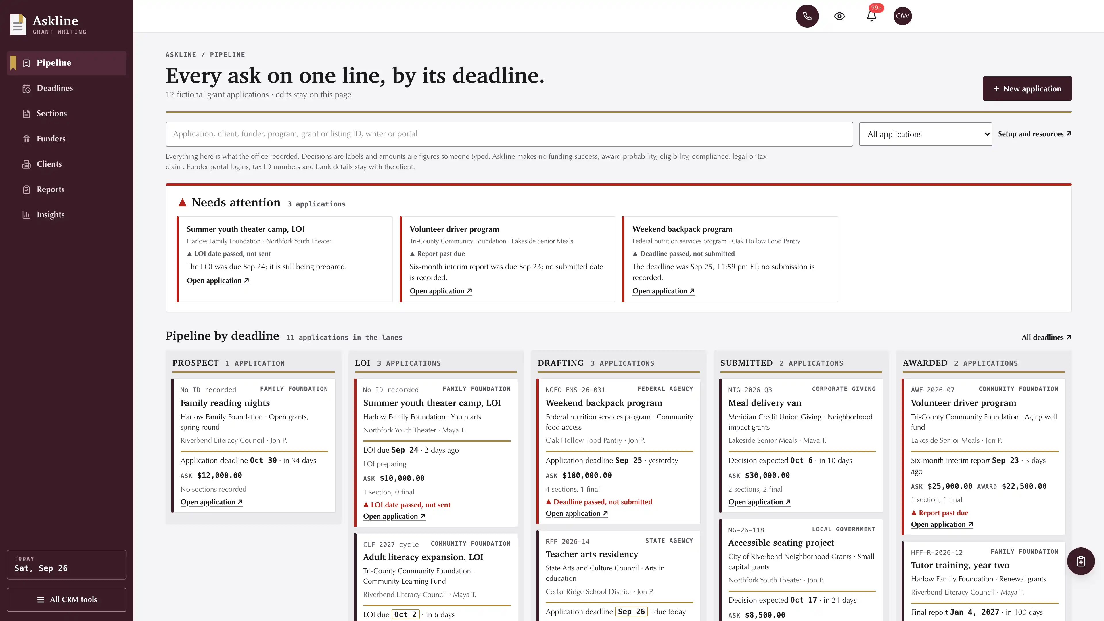 Deep wine side rail with a brass ribbon on the current view beside a needs-attention strip of three applications and five lanes of grant application cards, each showing a grant or listing ID, the funder and program, the next deadline on a brass rule, the ask and section progress, using fictional sample data