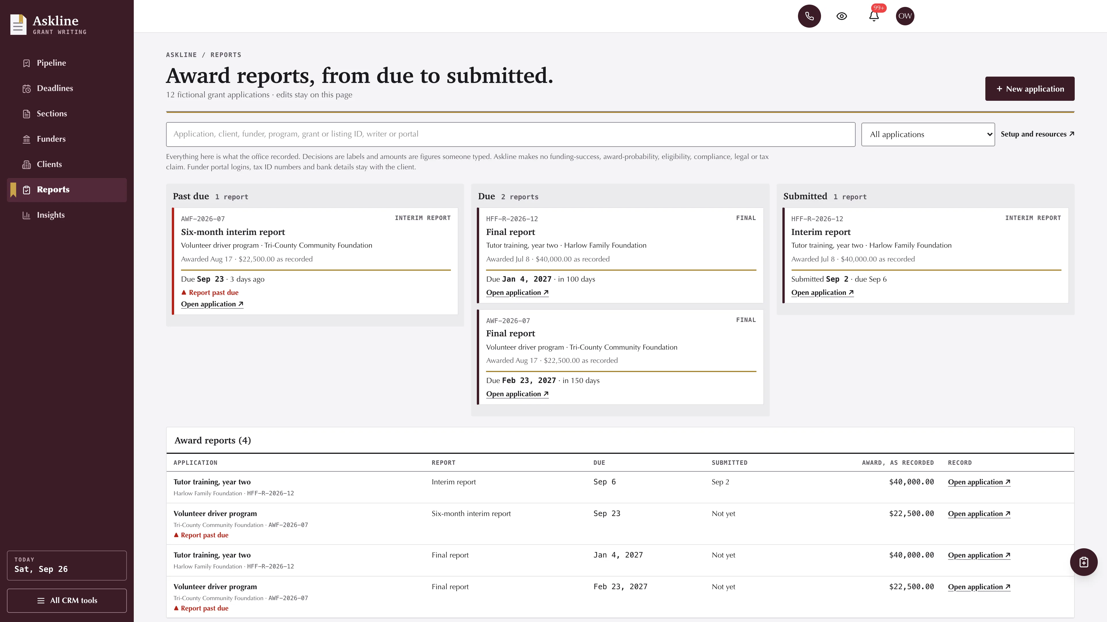 Reports in the GoSeedly Grant Writing Kit with fictional sample records