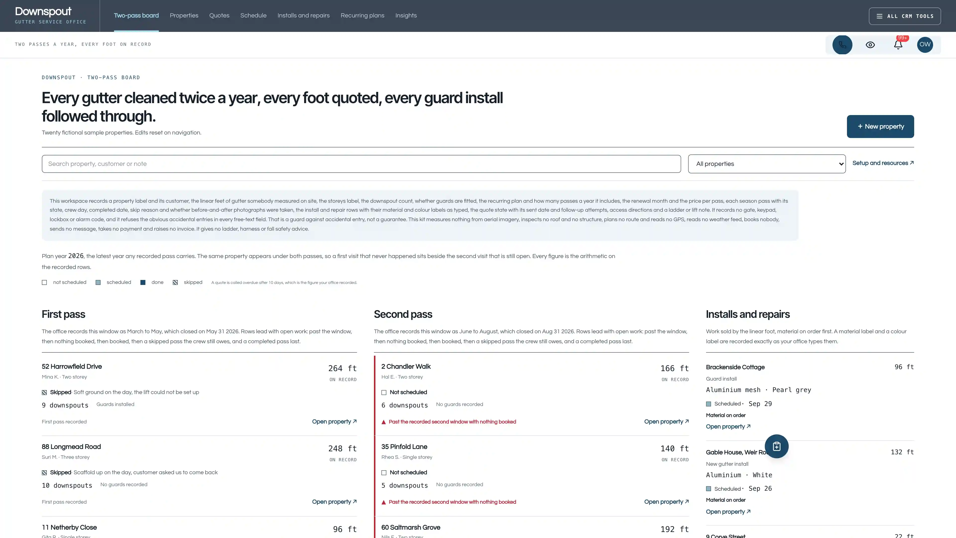 Mid-slate top bar over a white two-pass board with a first pass column and a second pass column of property rows carrying linear feet, storeys and pass state for the current plan year, beside a stack of install and repair jobs, using fictional sample data