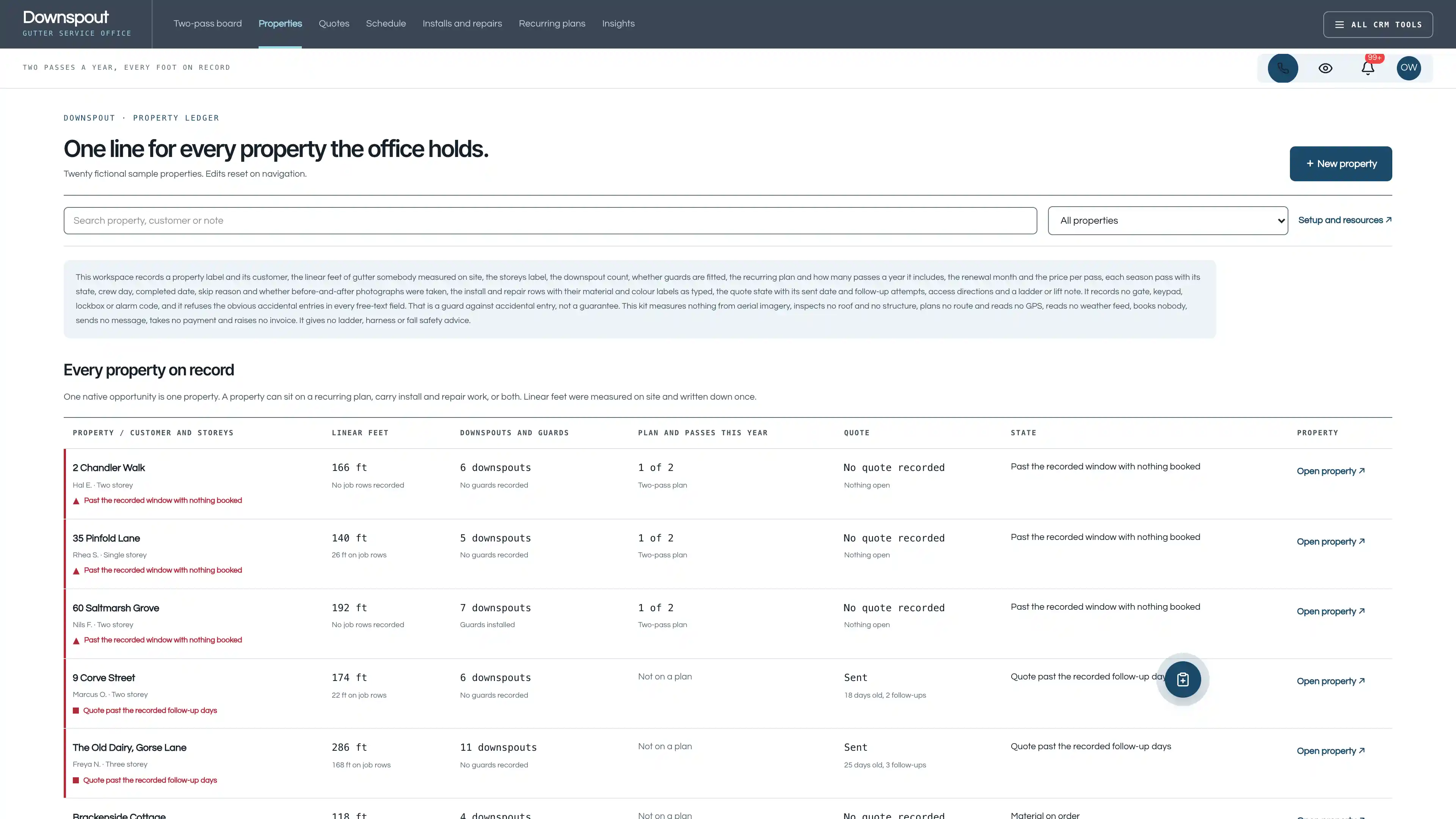 Properties in the GoSeedly Gutter Service Kit with fictional sample records