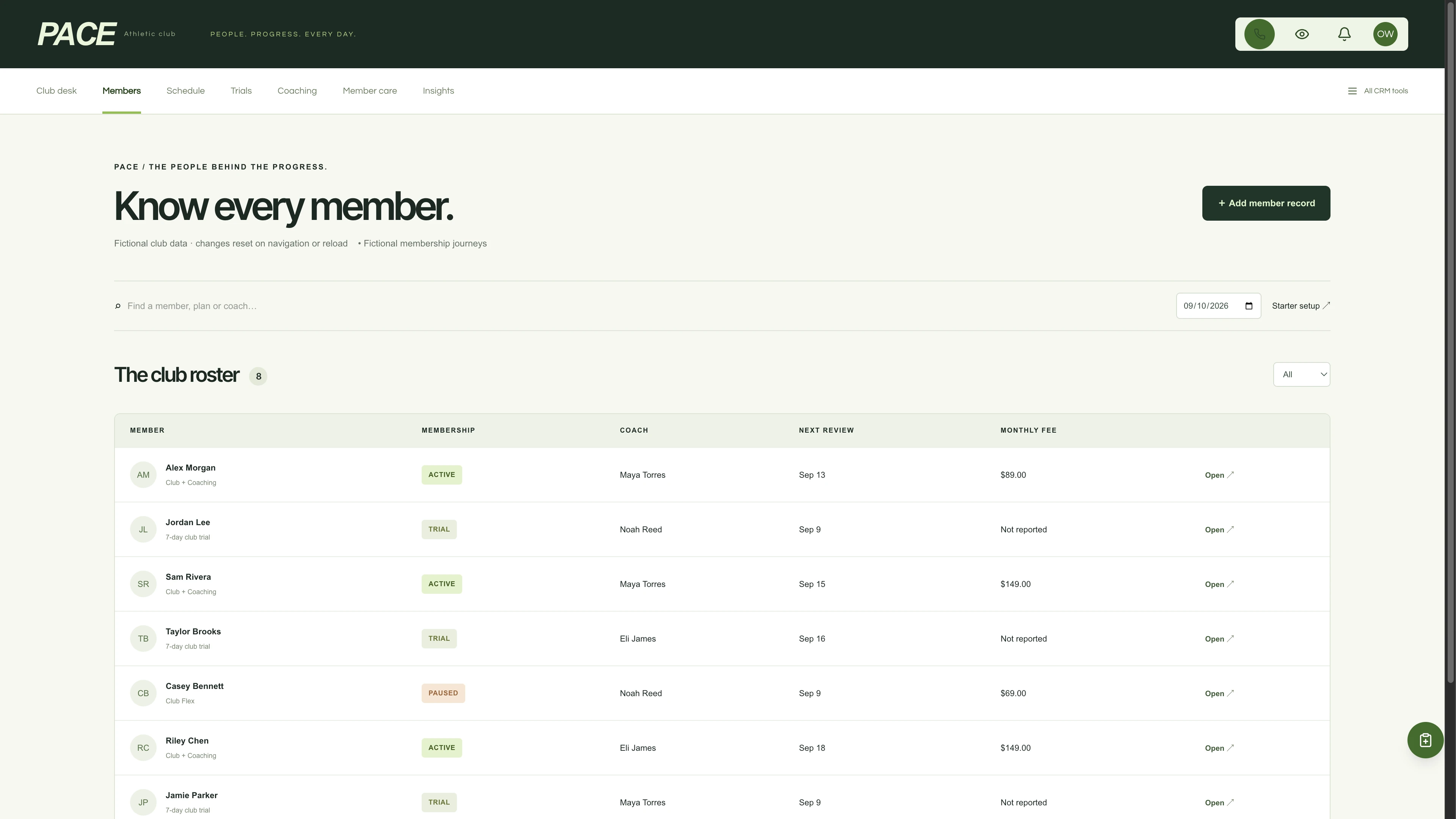 Member roster in the GoSeedly Gym Kit with fictional sample records