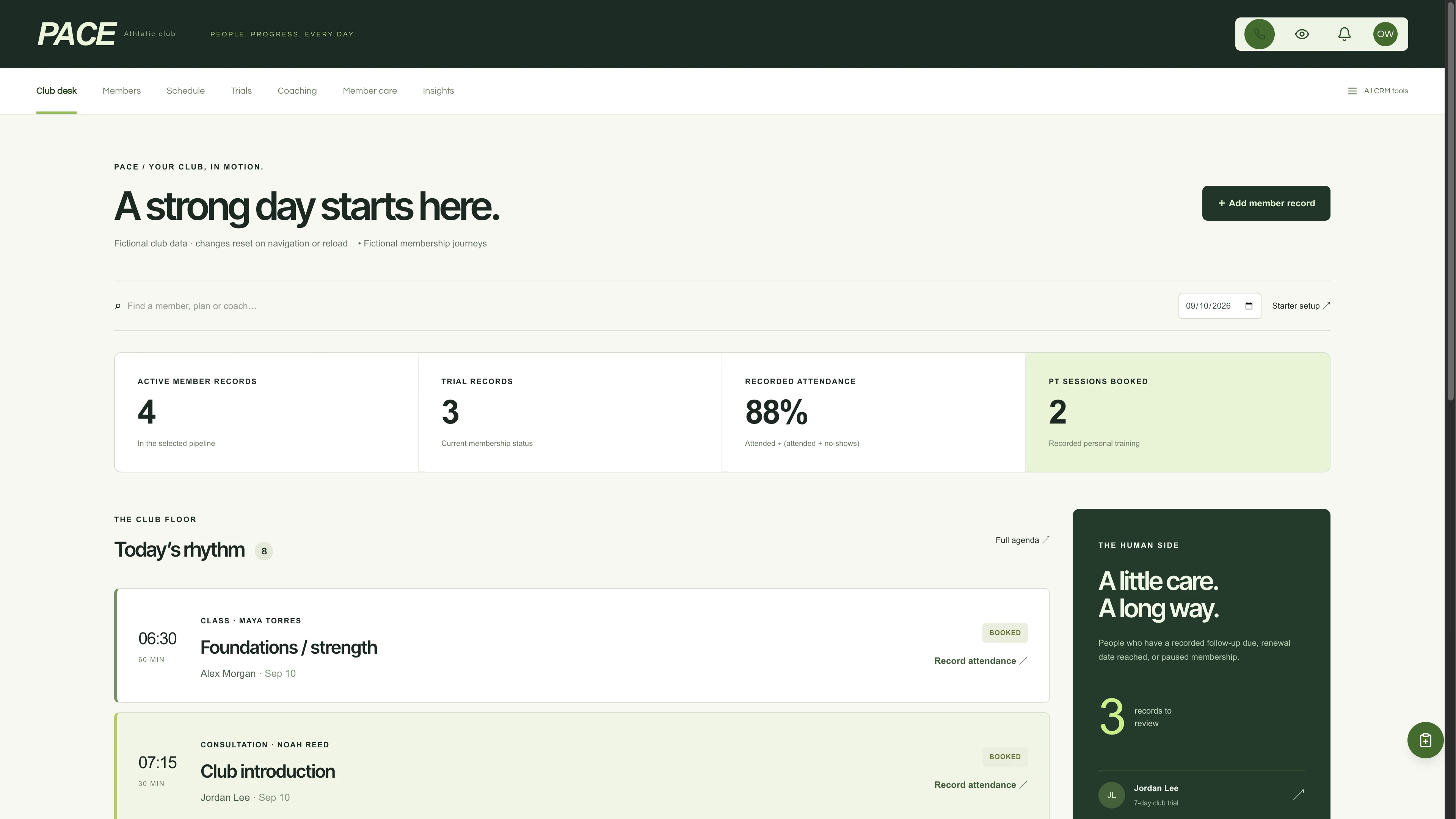 PACE gym operations workspace with a session agenda, member attendance and club follow-ups using fictional sample data