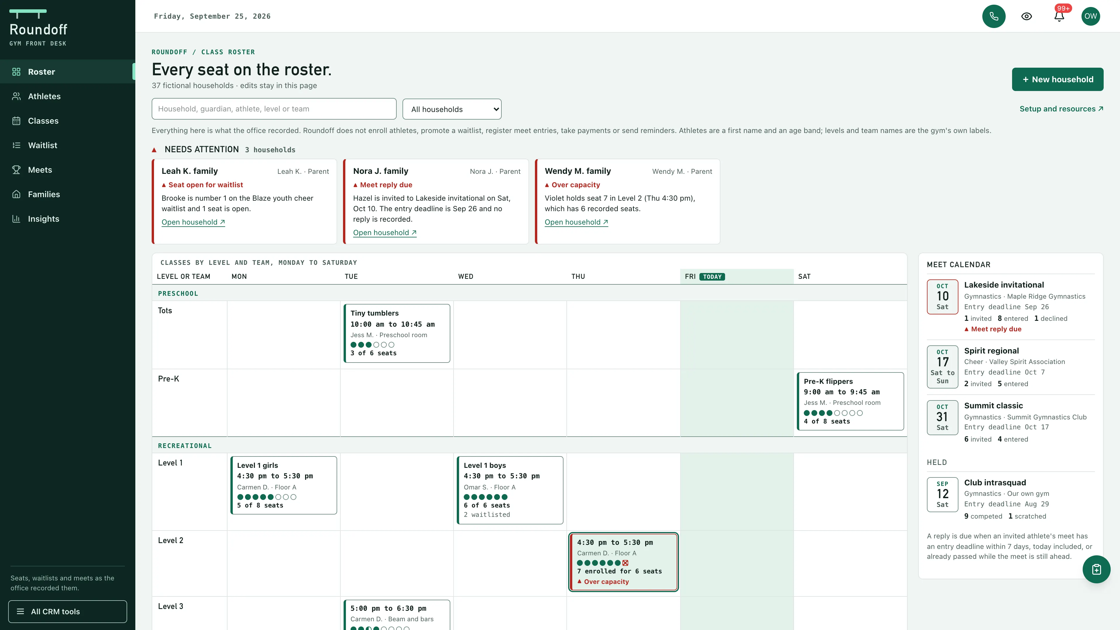 Dark spruce side rail beside a needs-attention strip, a roster grid of class tiles by level, team and weekday with seat pips, one class past its recorded seats flagged in red, and a meet calendar with date blocks and entry deadlines, using fictional sample data