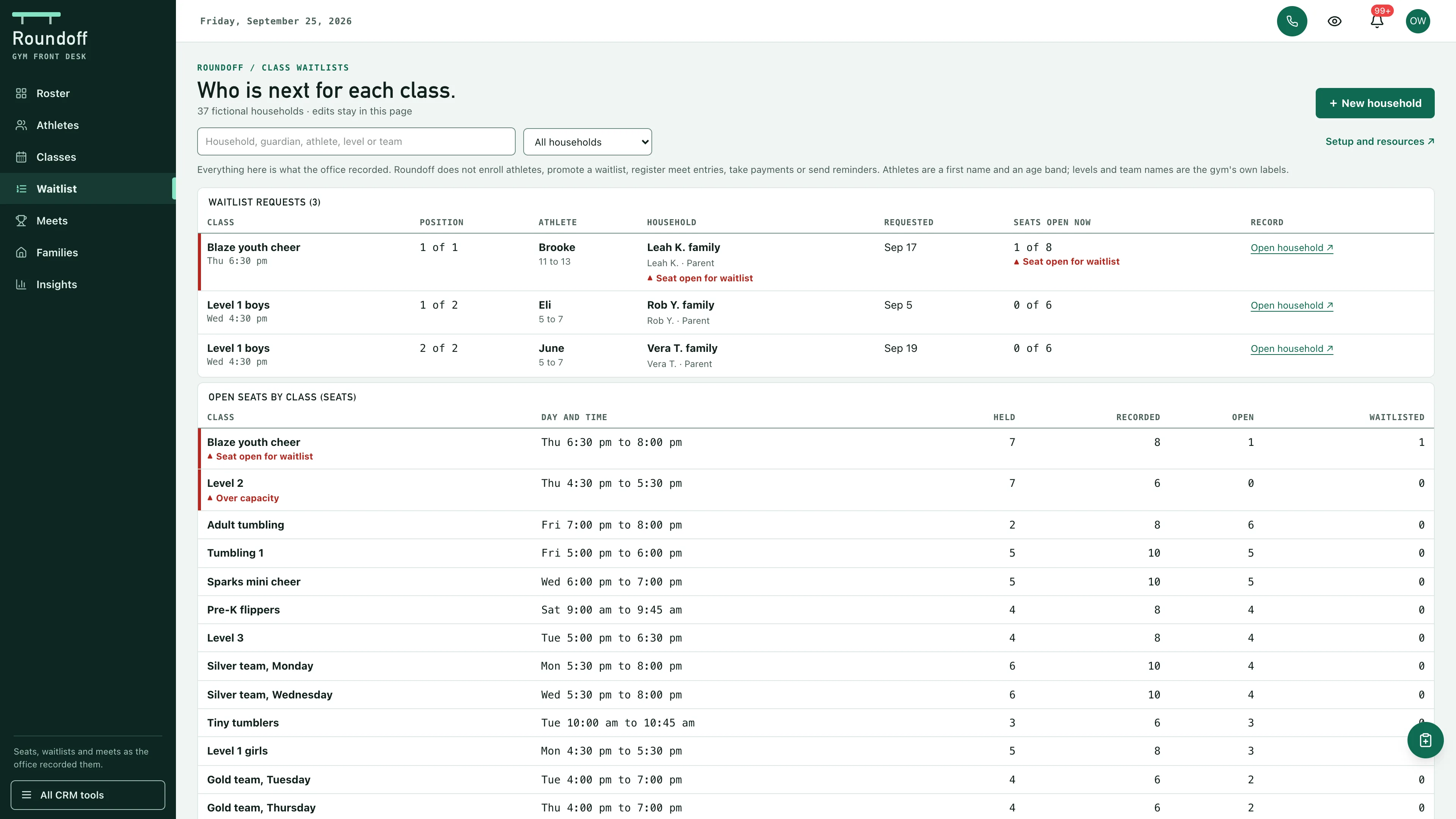 Waitlist in the GoSeedly Gymnastics & Cheer Gym Kit with fictional sample records