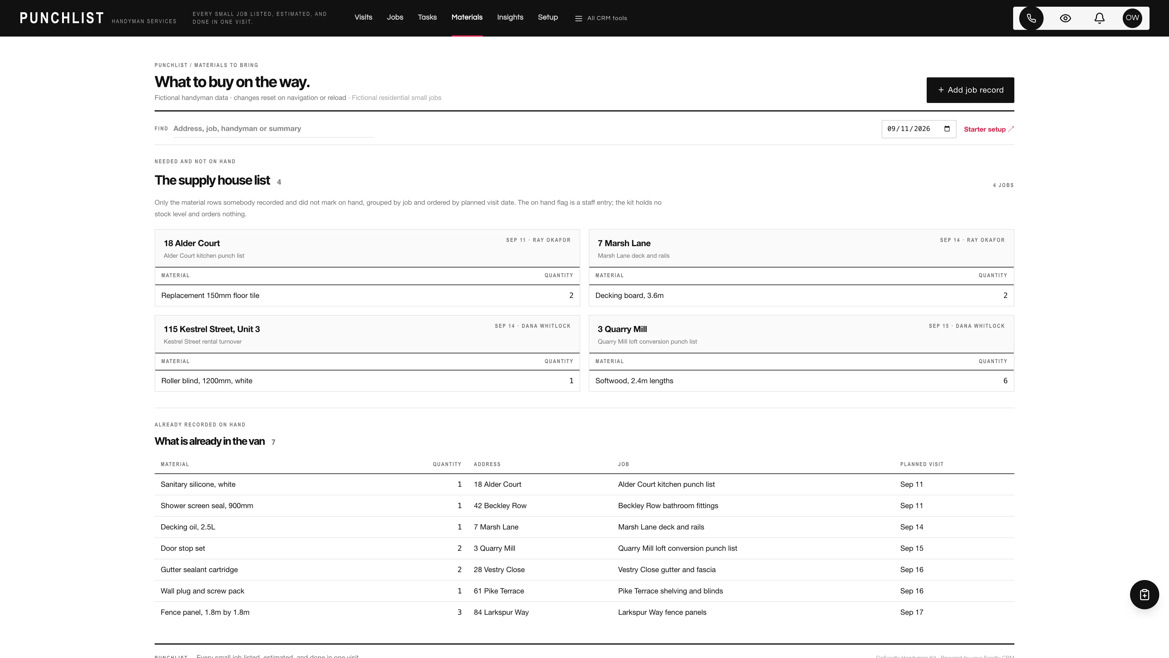 Materials in the GoSeedly Handyman Kit with fictional sample records