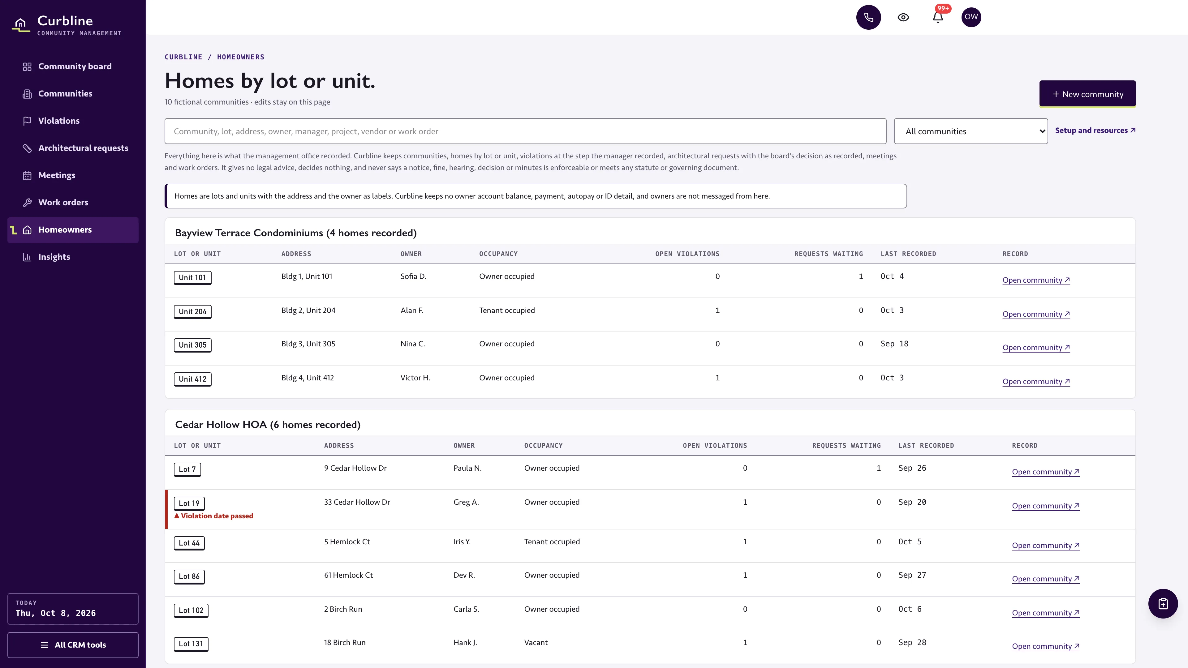 Homeowners in the GoSeedly HOA & Community Management Kit with fictional sample records