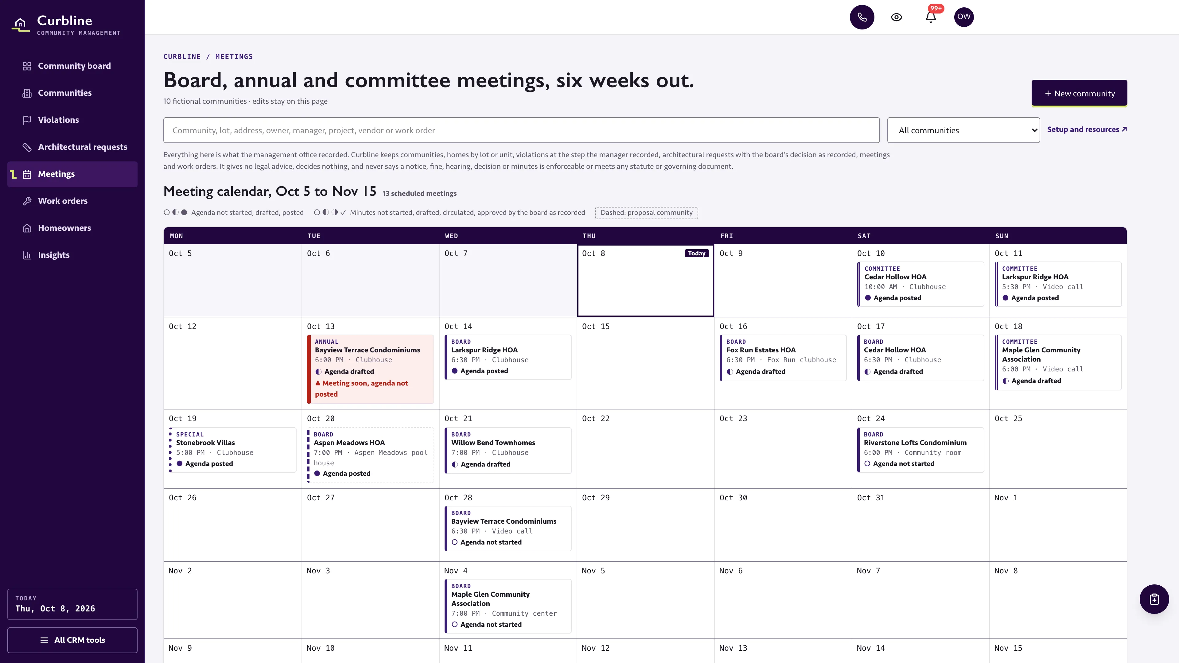 Meetings in the GoSeedly HOA & Community Management Kit with fictional sample records