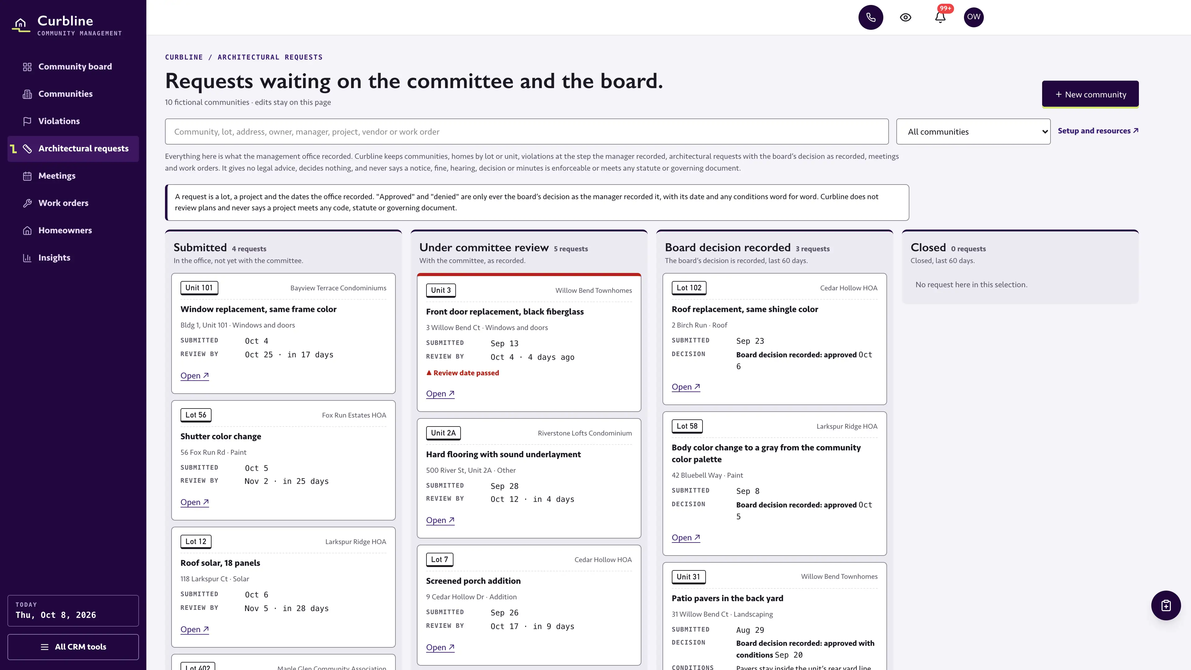 Architectural requests in the GoSeedly HOA & Community Management Kit with fictional sample records