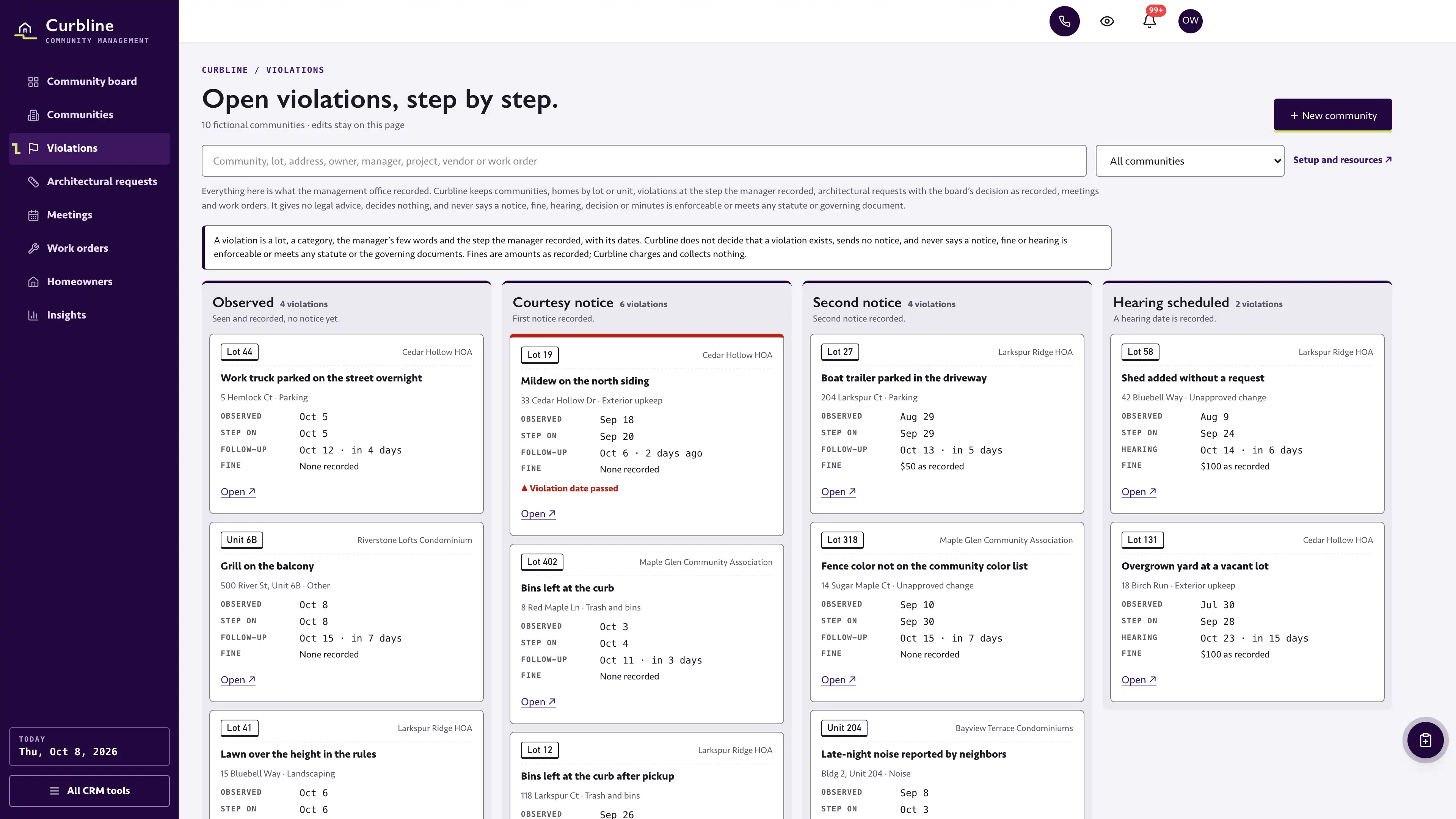 Violations in the GoSeedly HOA & Community Management Kit with fictional sample records