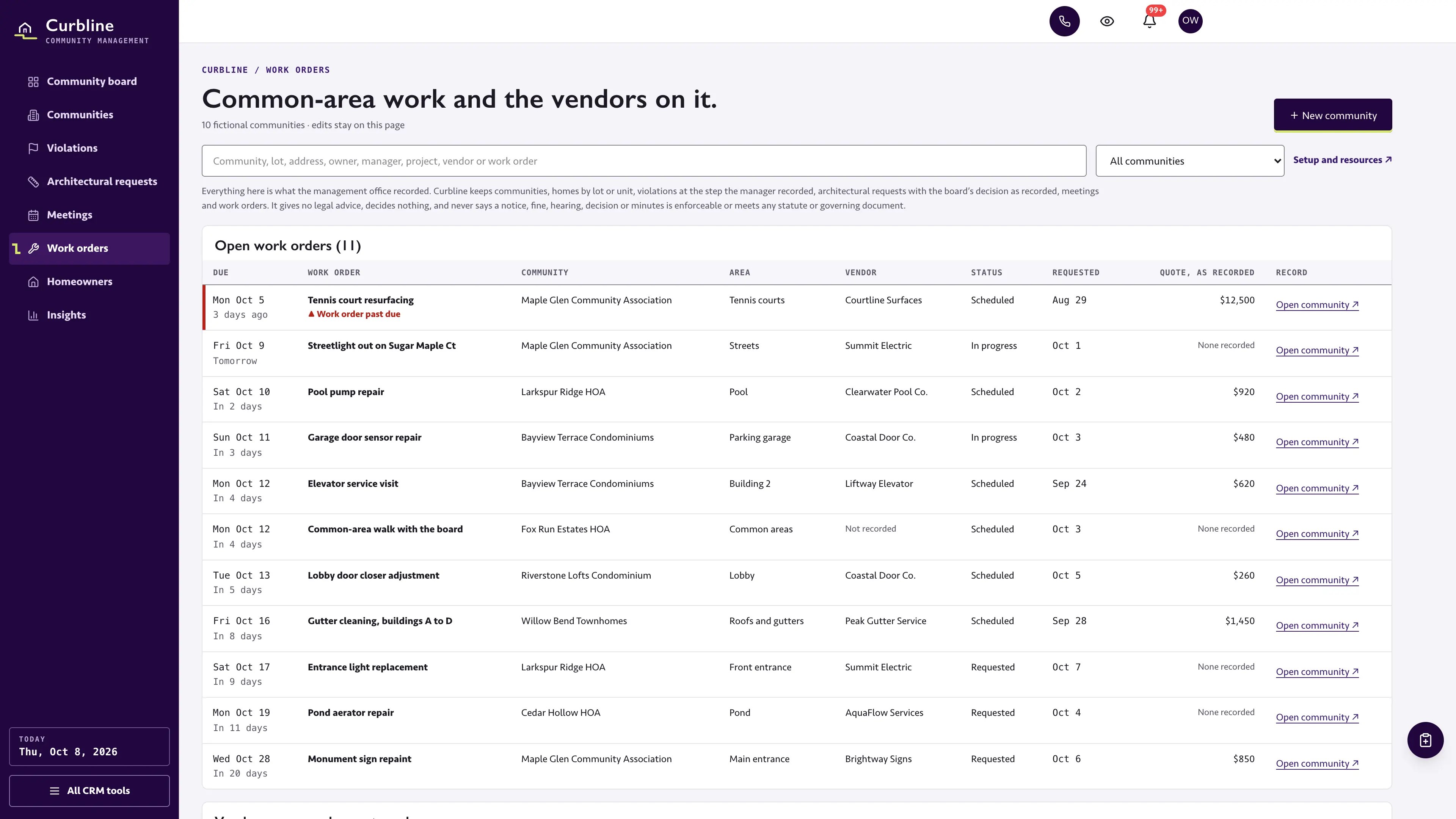Work orders in the GoSeedly HOA & Community Management Kit with fictional sample records