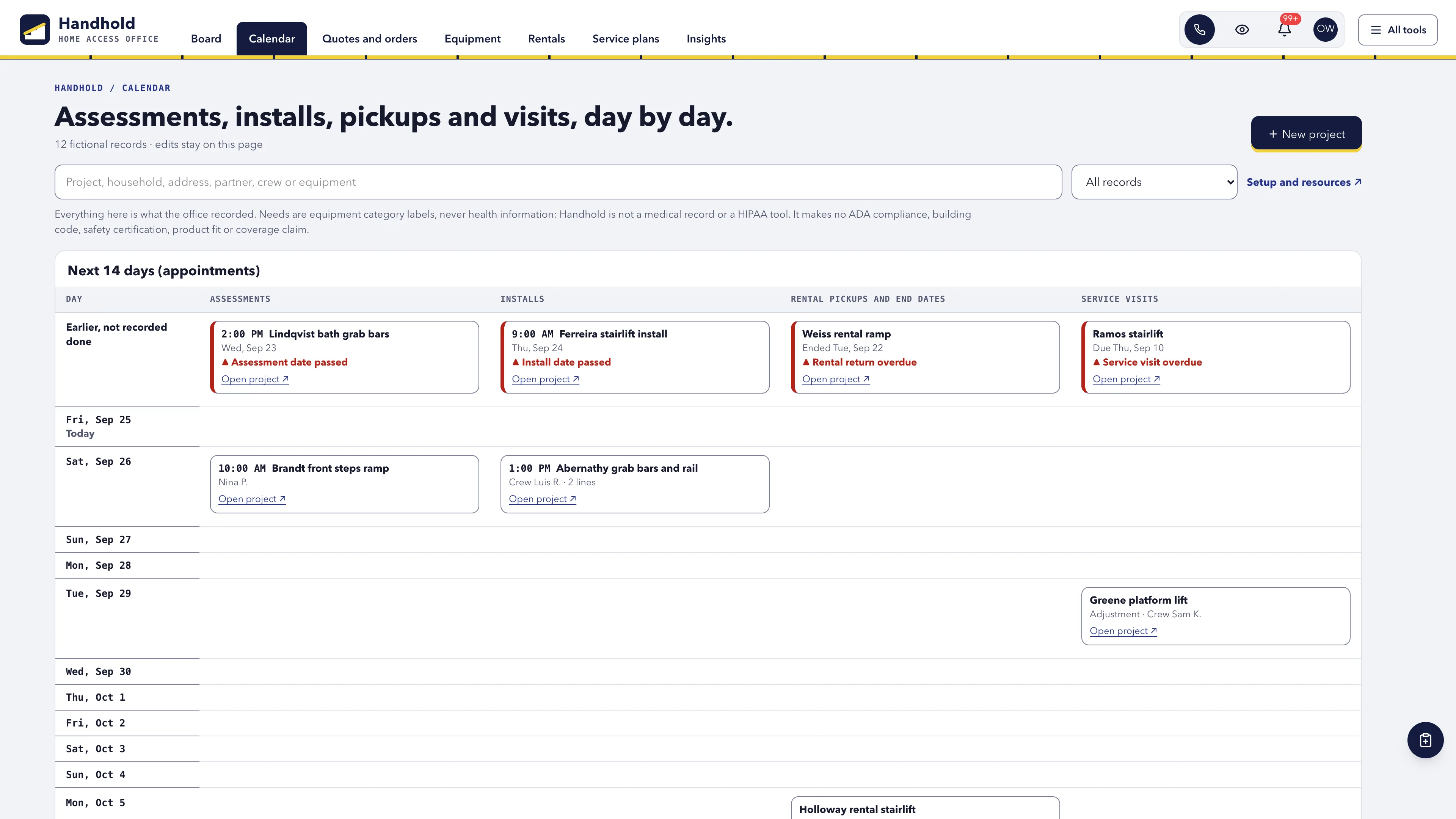 Calendar in the GoSeedly Home Accessibility & Stairlifts Kit with fictional sample records