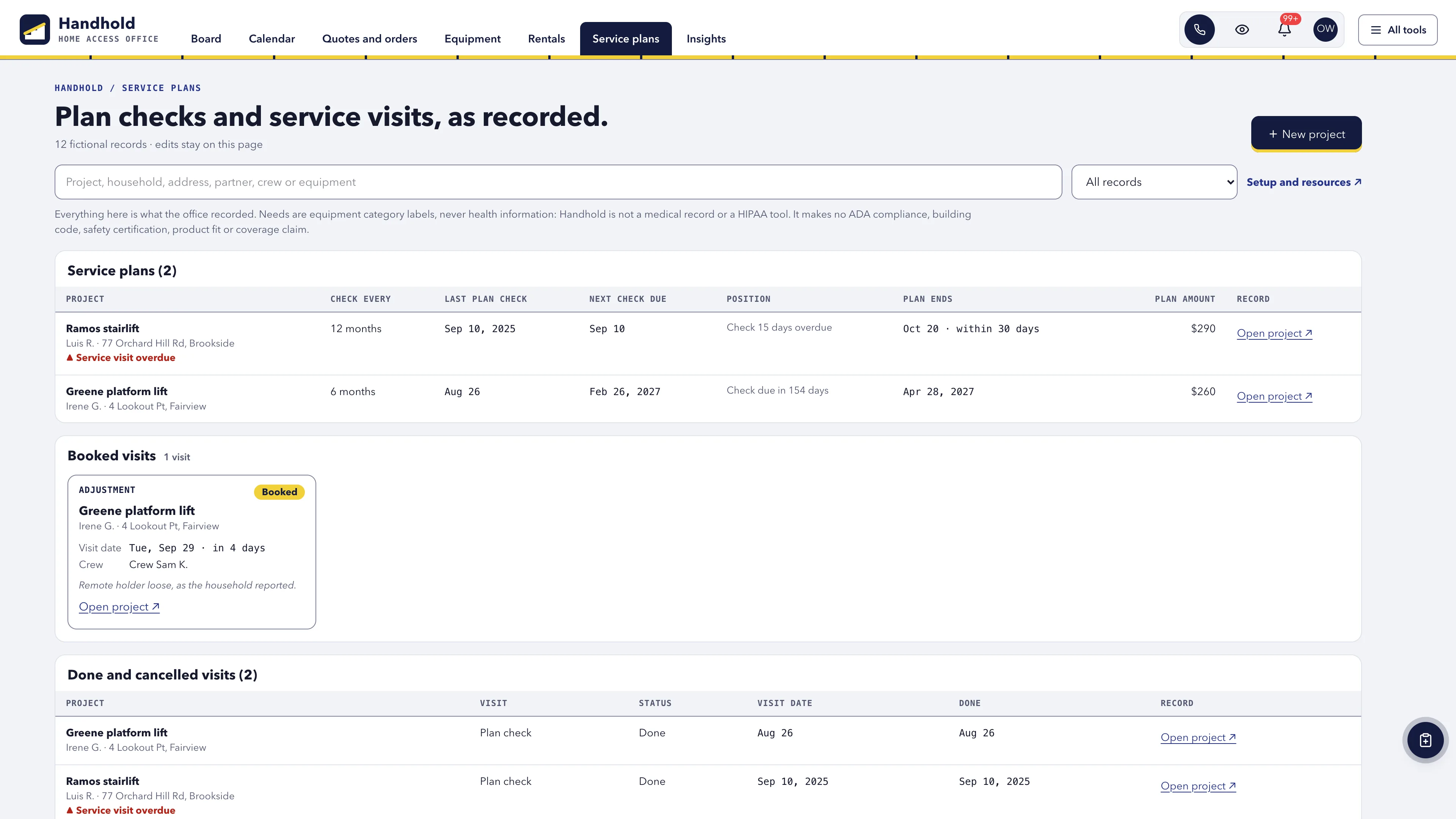 Service plans in the GoSeedly Home Accessibility & Stairlifts Kit with fictional sample records