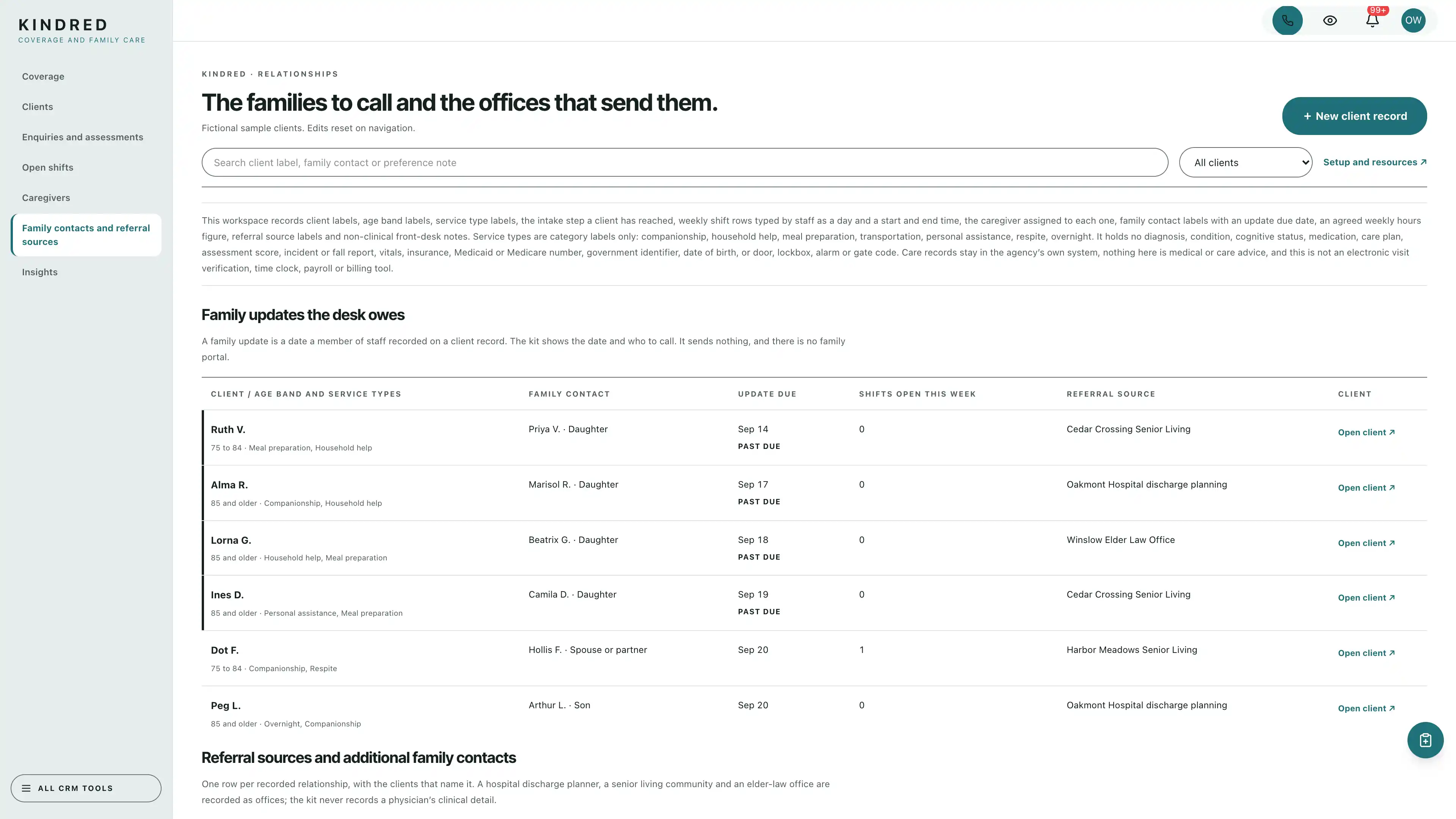 Family contacts and referral sources in the GoSeedly Home Care Agency Kit with fictional sample records