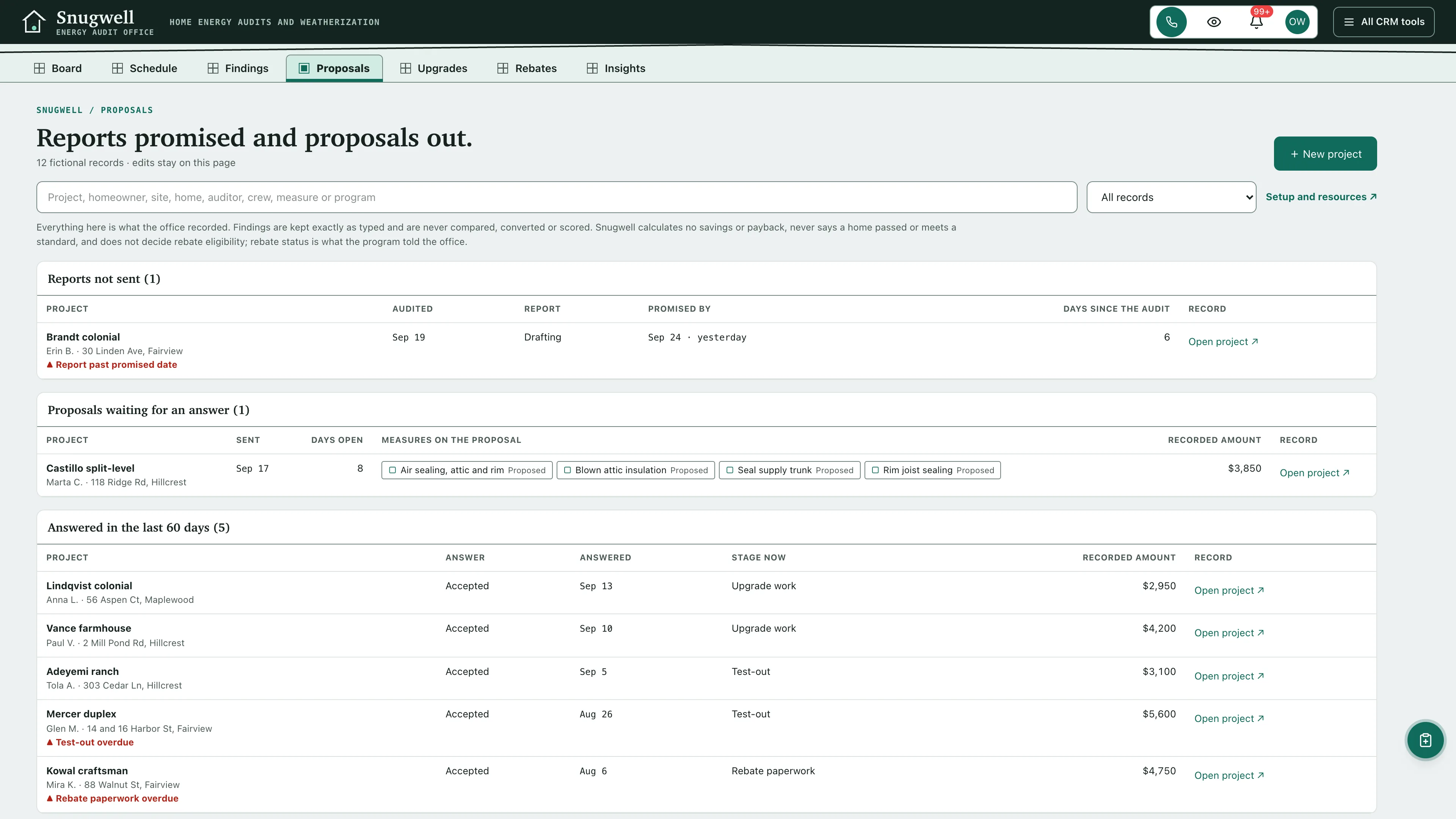 Proposals in the GoSeedly Home Energy Audit & Weatherization Kit with fictional sample records