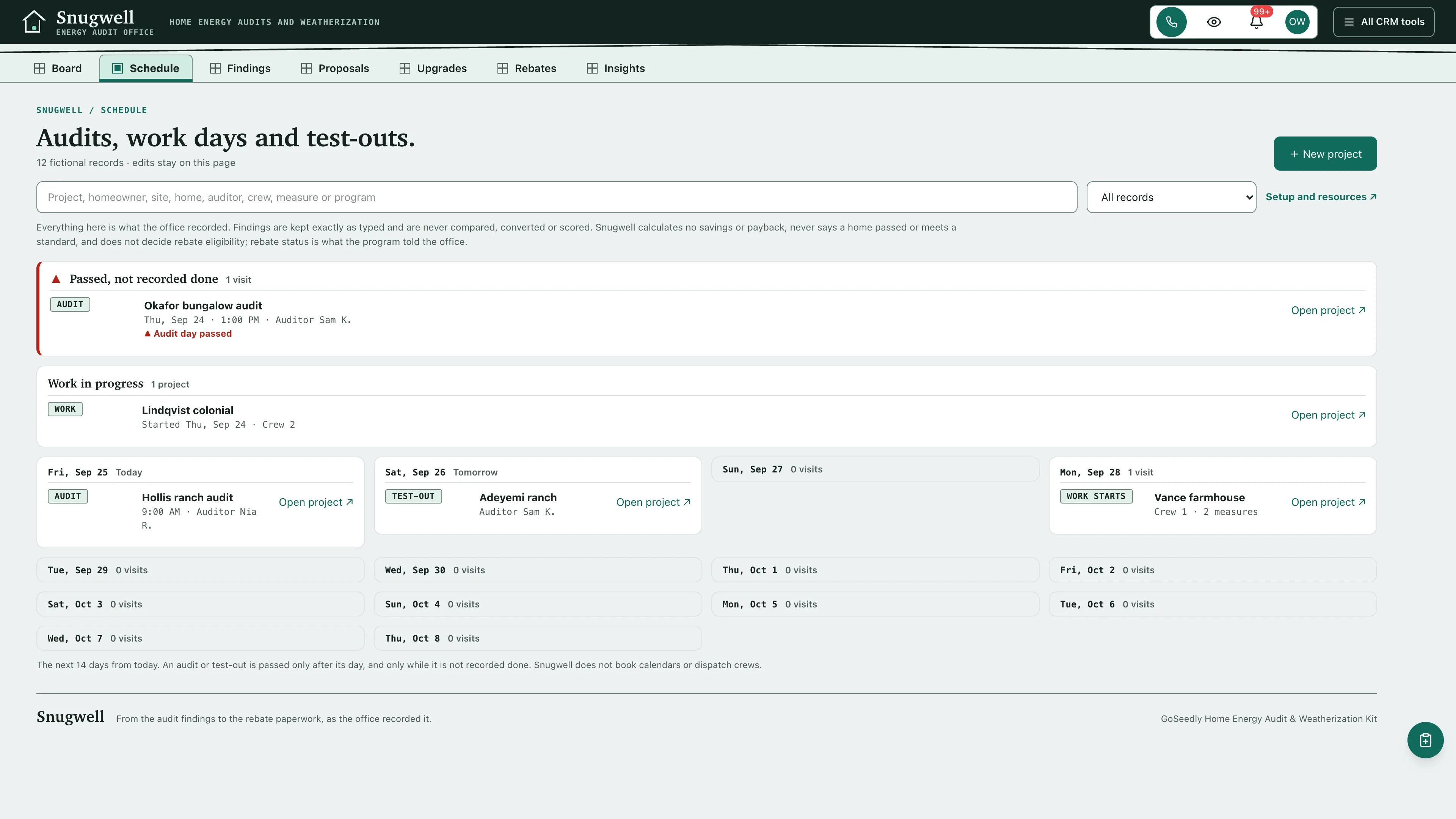 Schedule in the GoSeedly Home Energy Audit & Weatherization Kit with fictional sample records