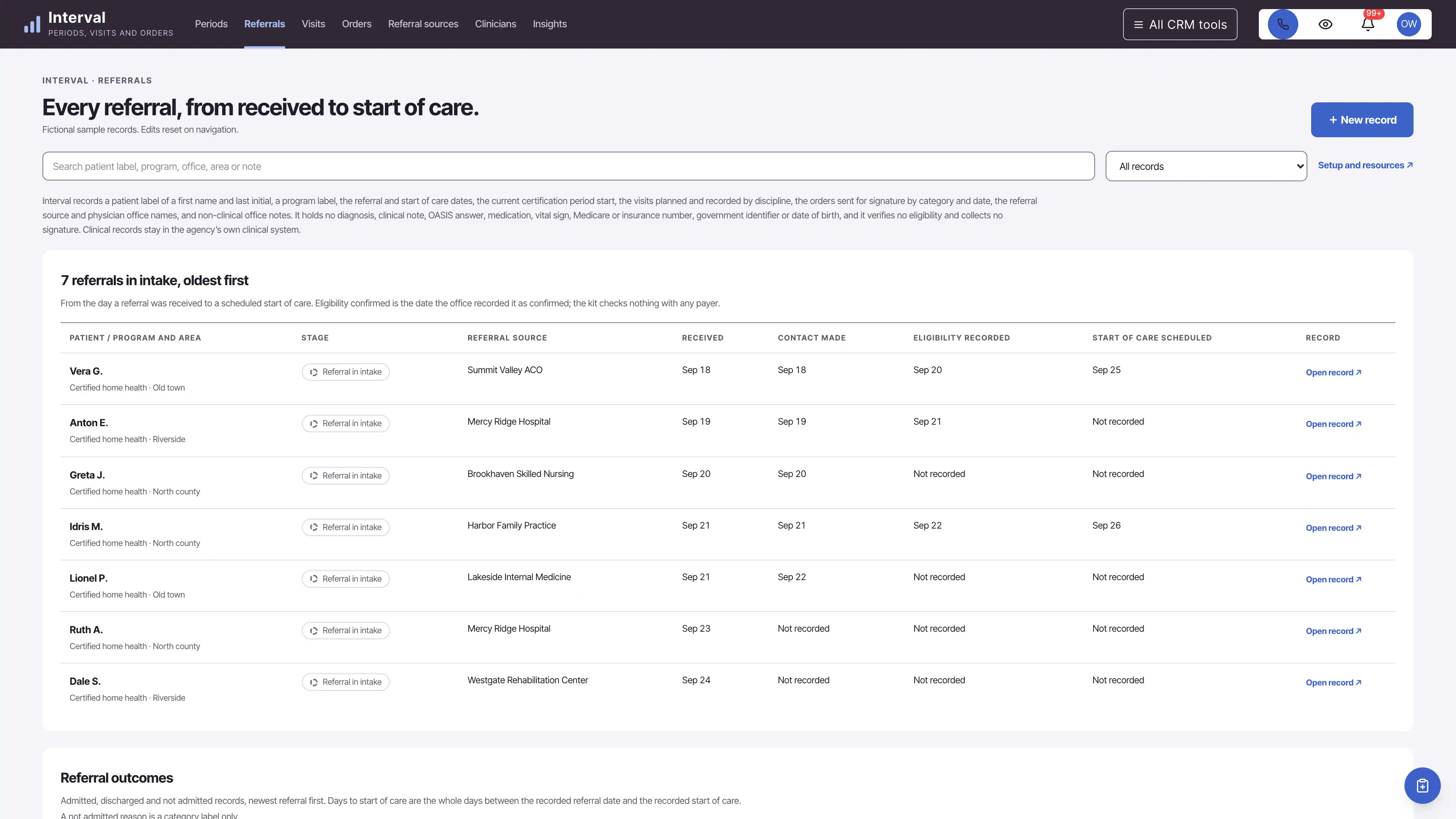 Referrals in the GoSeedly Home Health Agency Kit with fictional sample records