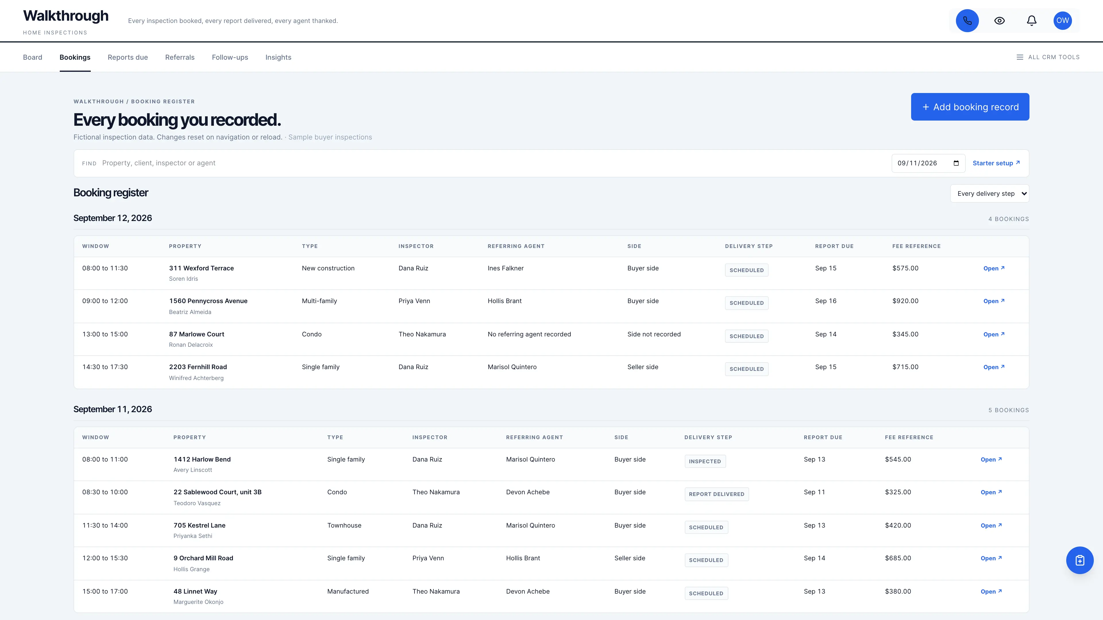 Booking register in the GoSeedly Home Inspection Kit with fictional sample records