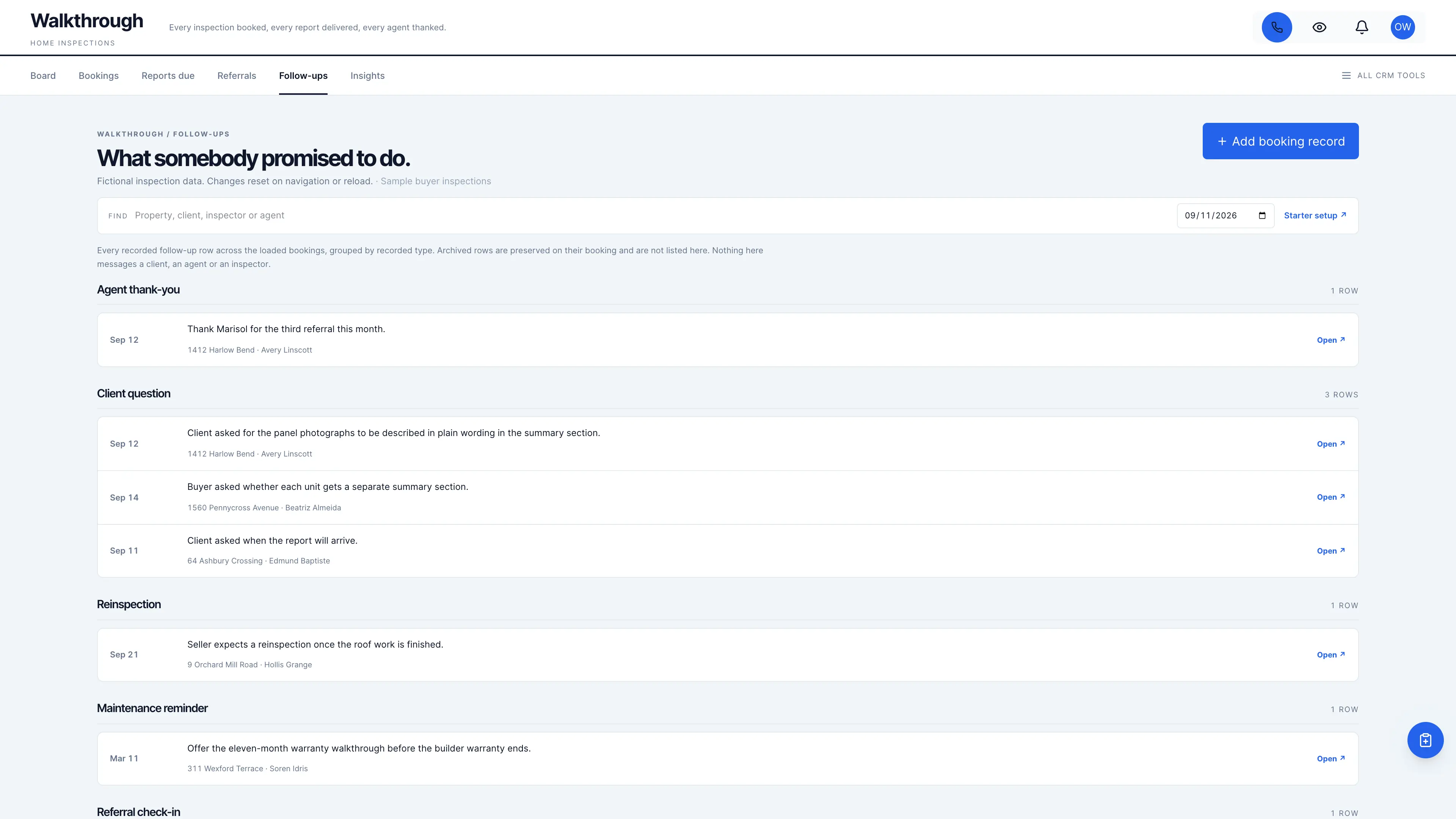 Follow-ups in the GoSeedly Home Inspection Kit with fictional sample records