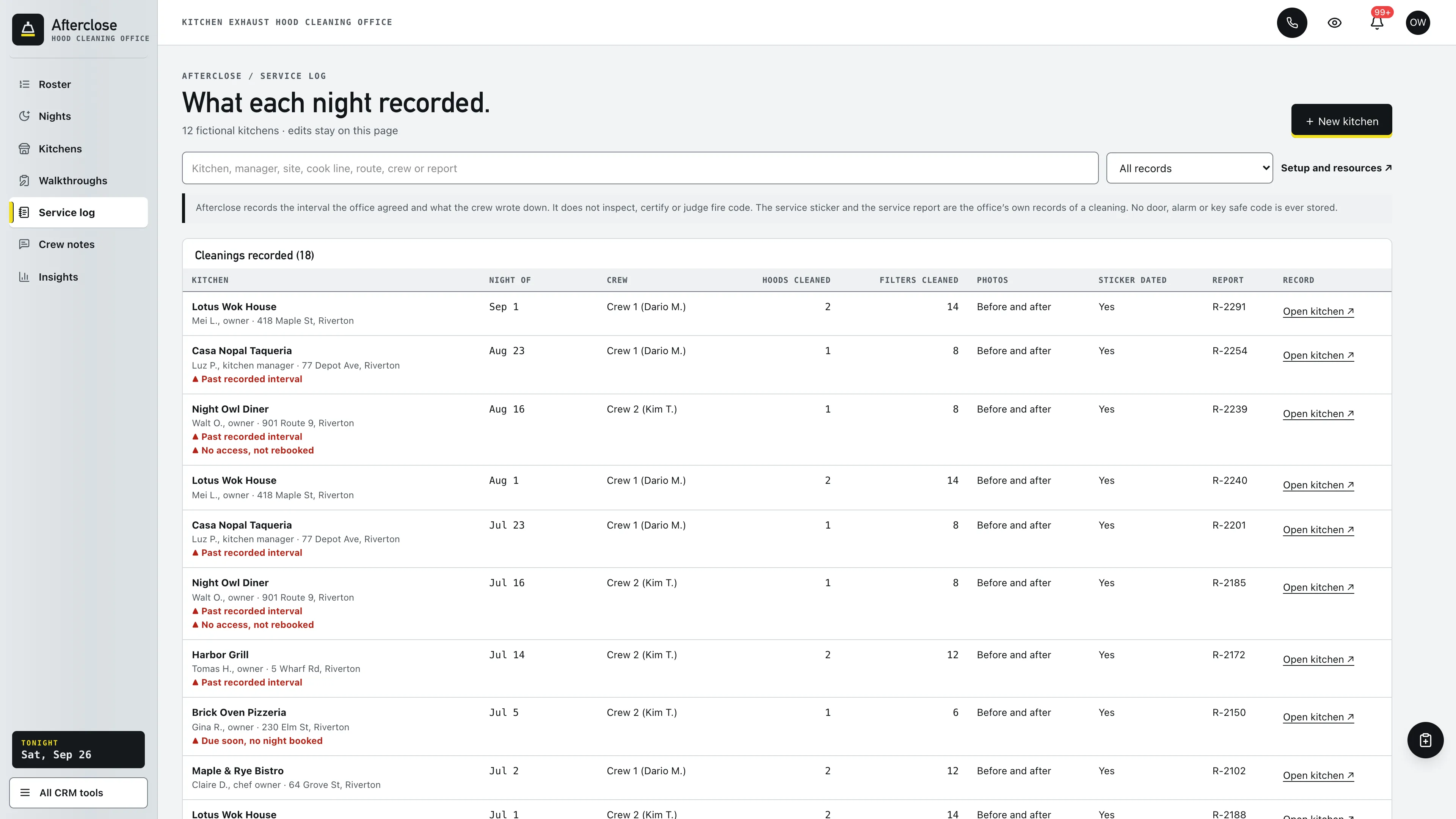 Service log in the GoSeedly Kitchen Exhaust Hood Cleaning Kit with fictional sample records