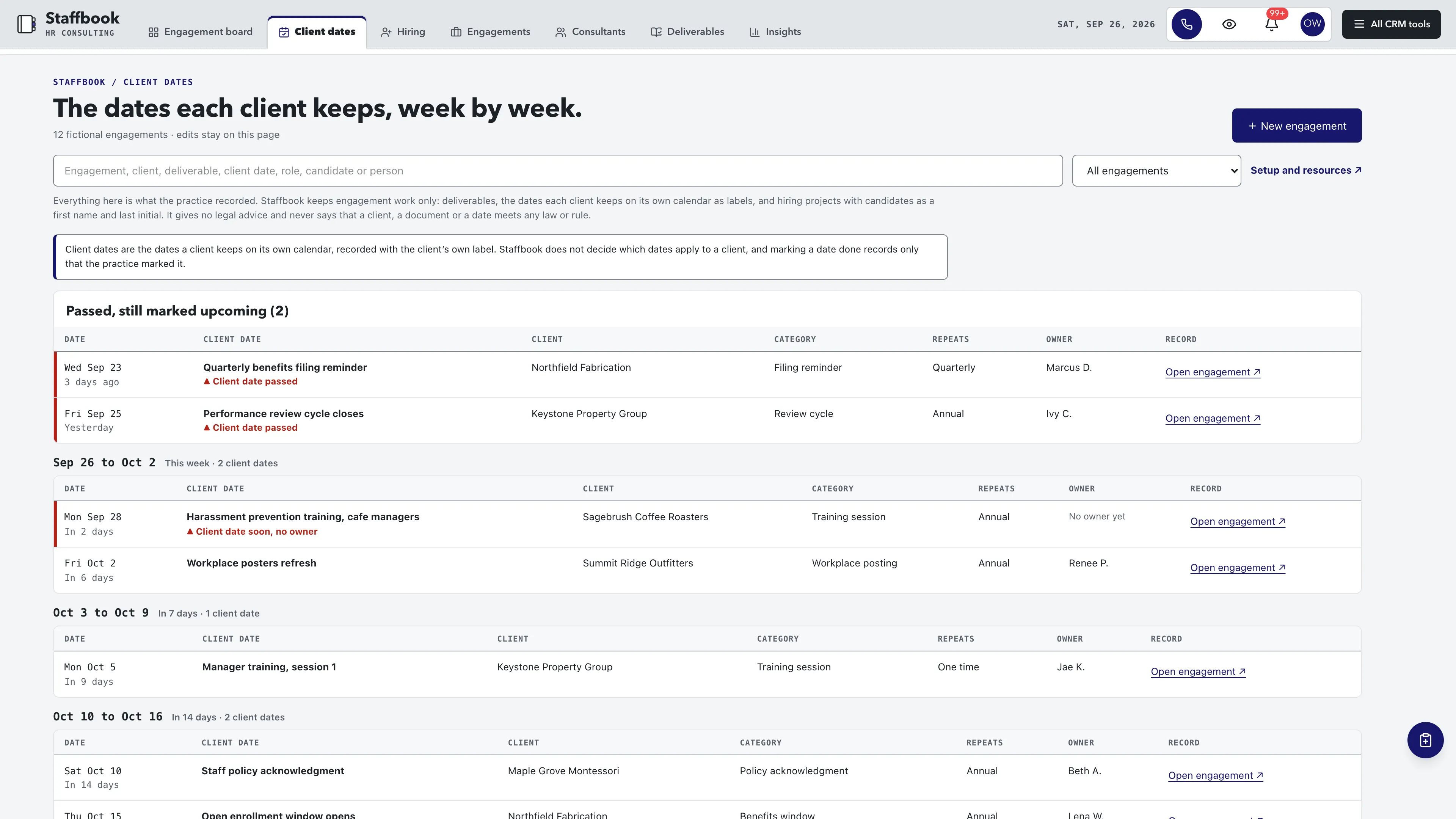 Client dates in the GoSeedly HR Consulting Kit with fictional sample records