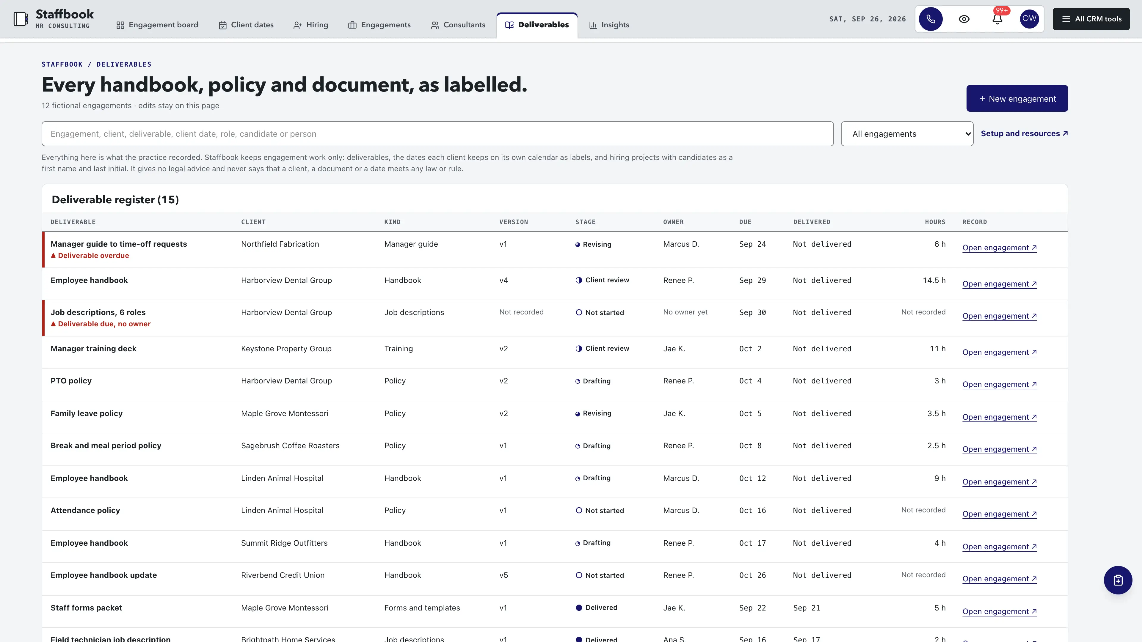 Deliverables in the GoSeedly HR Consulting Kit with fictional sample records