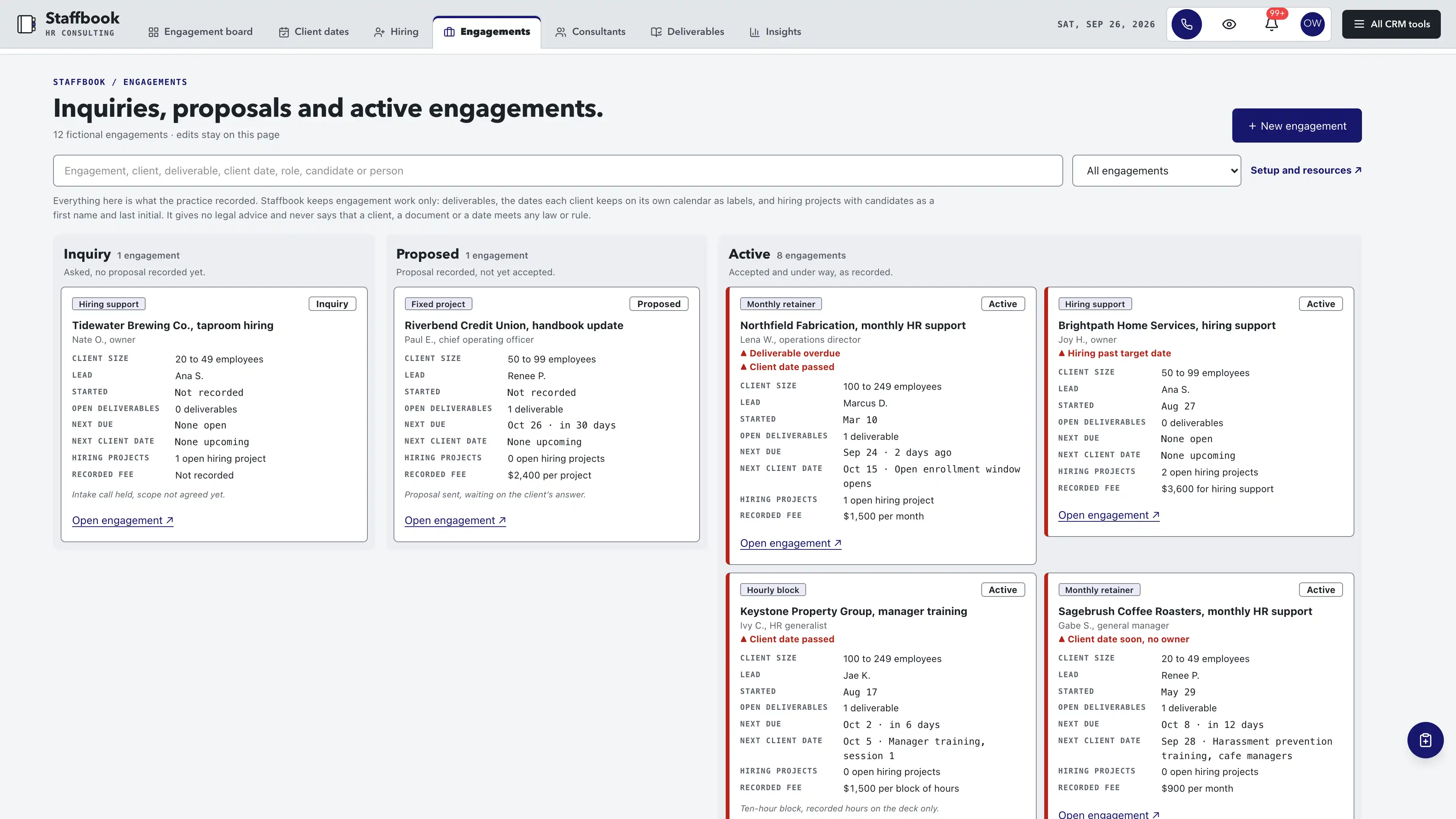 Engagements in the GoSeedly HR Consulting Kit with fictional sample records