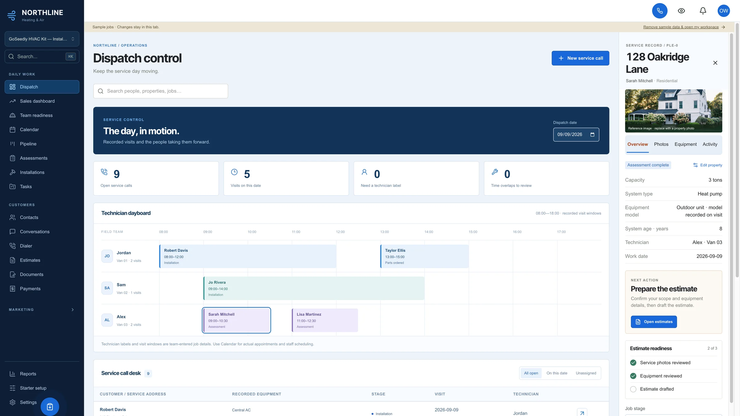 HVAC dispatch interface with a technician dayboard, service calls, and equipment details using sample data