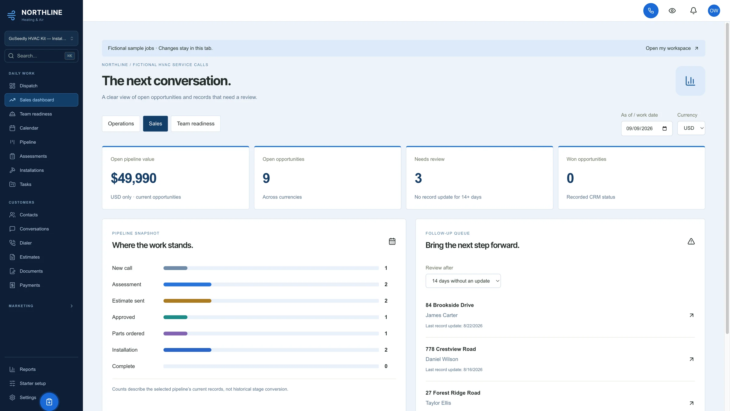 Sales dashboard in the GoSeedly HVAC Kit with fictional sample records