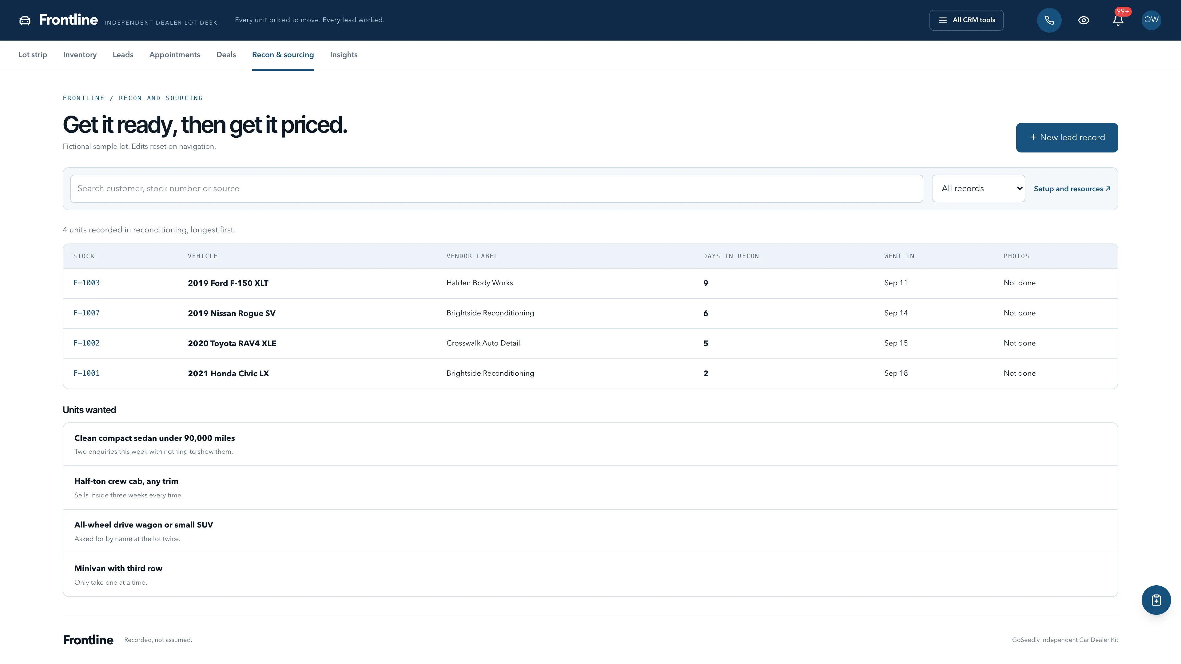 Recon and sourcing in the GoSeedly Independent Car Dealer Kit with fictional sample records