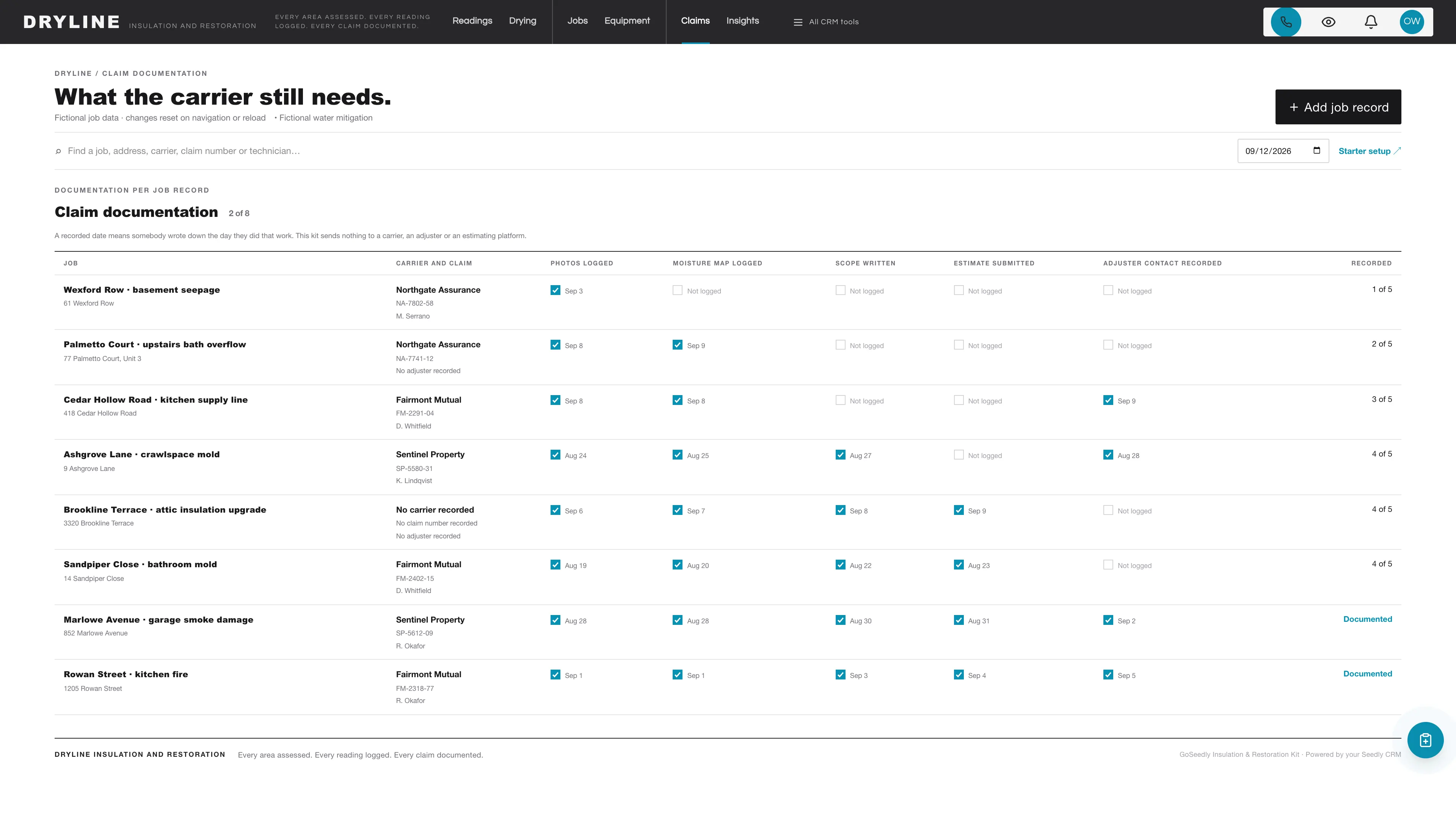 Claim documentation in the GoSeedly Insulation & Restoration Kit with fictional sample records