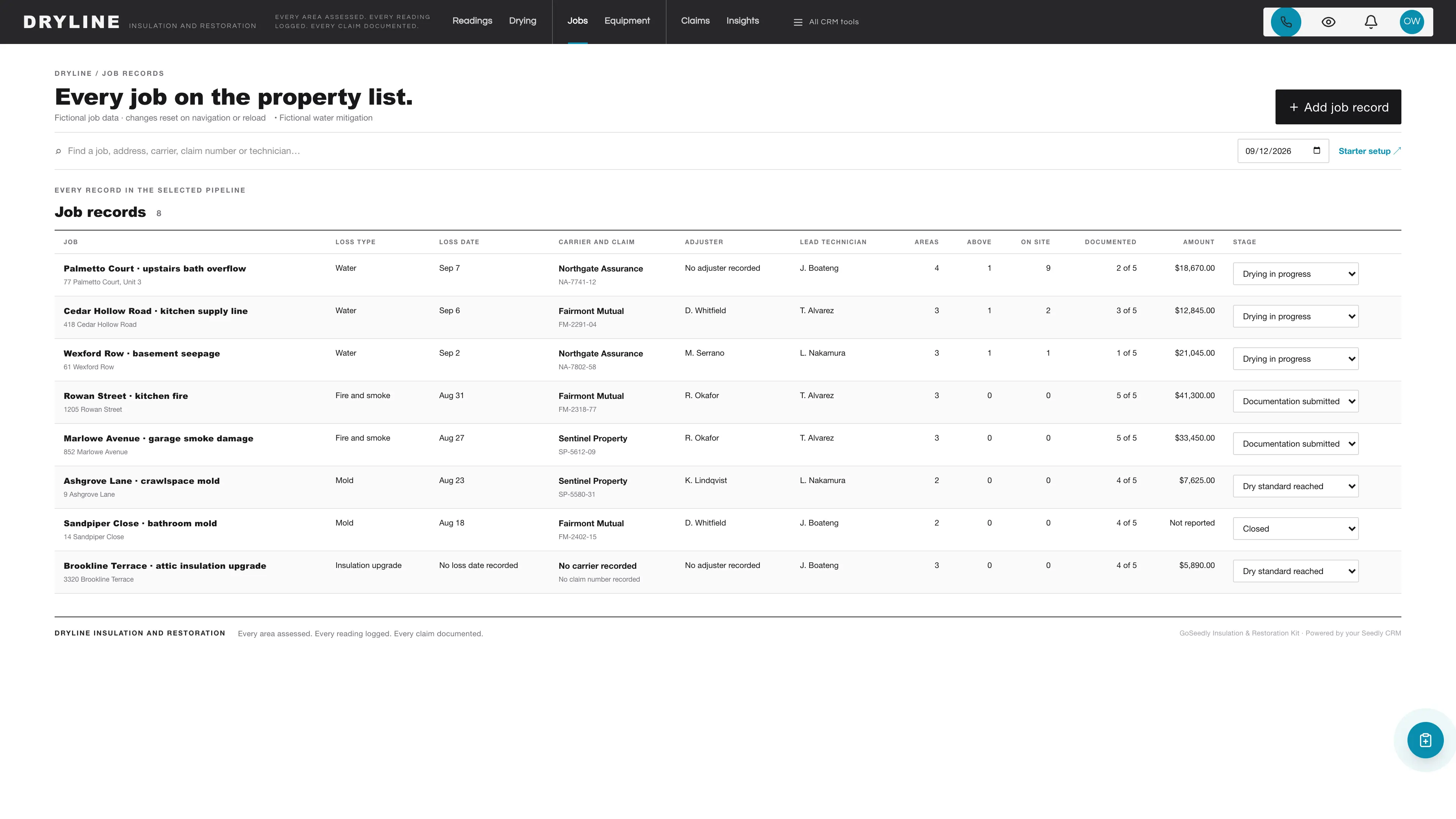 Job records in the GoSeedly Insulation & Restoration Kit with fictional sample records