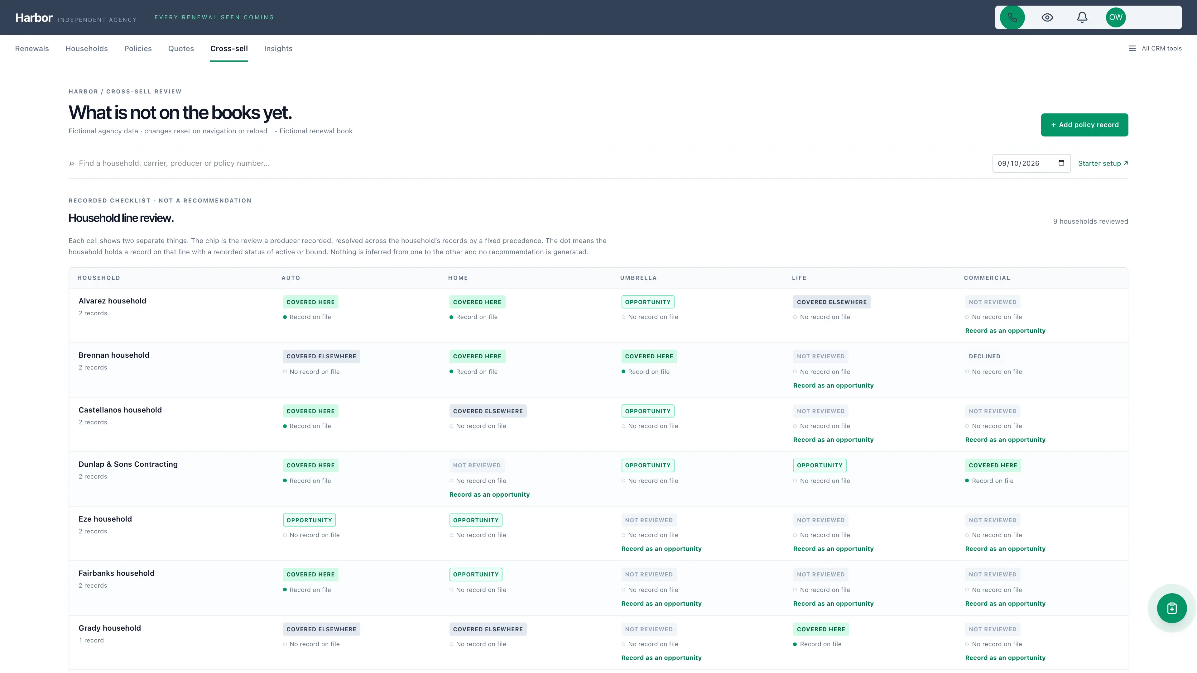 Cross-sell review in the GoSeedly Insurance Agency Kit with fictional sample records