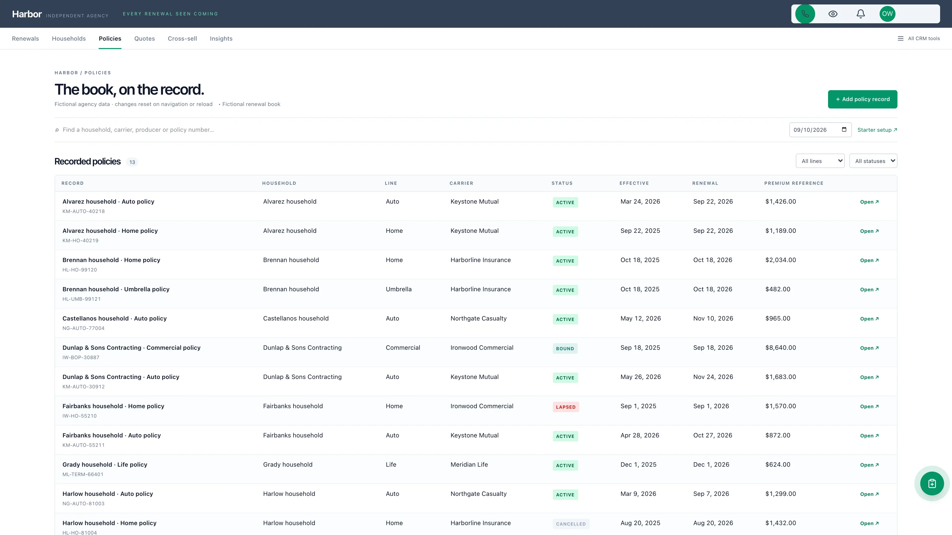 Policies in the GoSeedly Insurance Agency Kit with fictional sample records