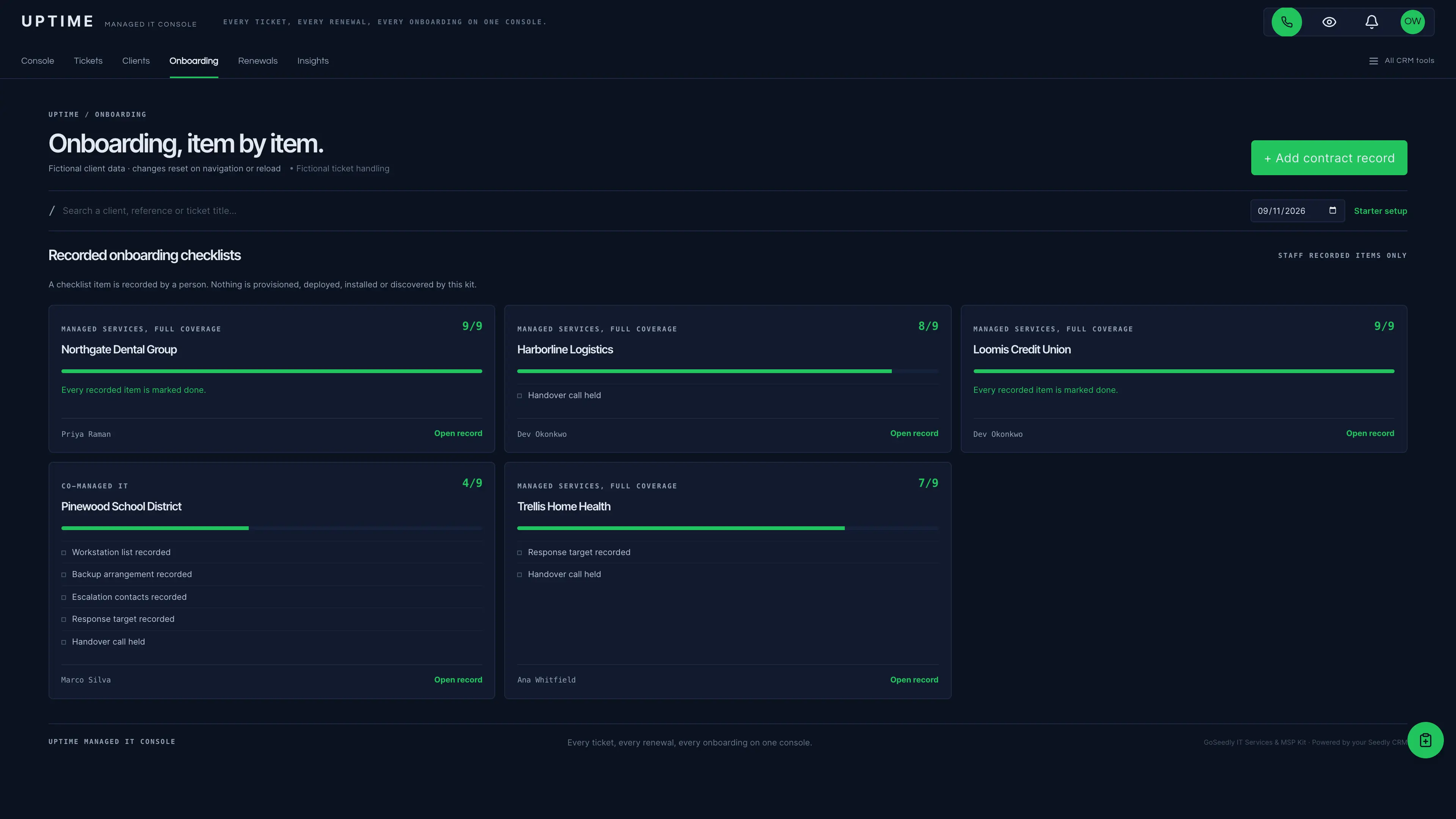 Onboarding in the GoSeedly IT Services & MSP Kit with fictional sample records