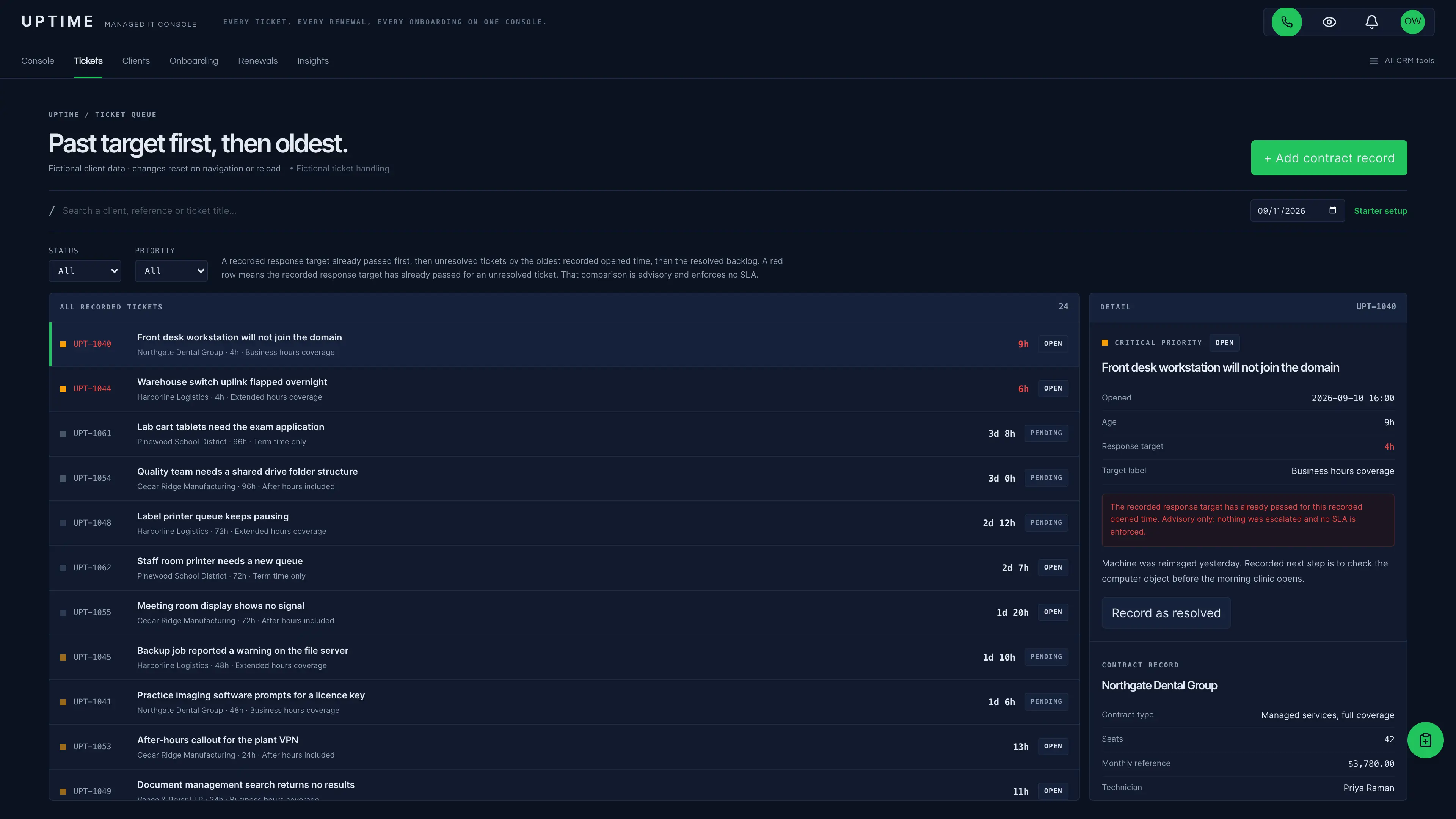Ticket queue in the GoSeedly IT Services & MSP Kit with fictional sample records