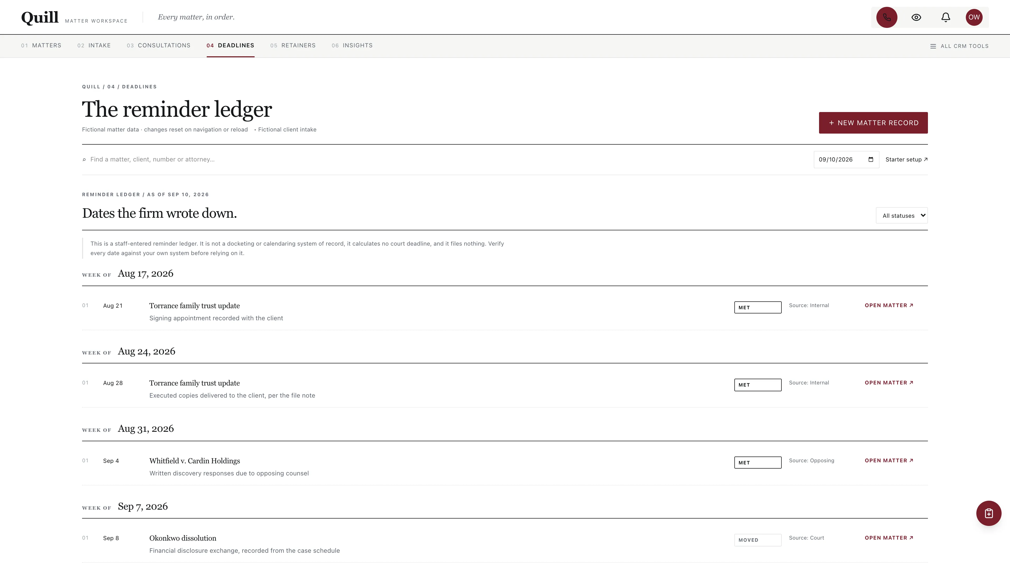 Deadline ledger in the GoSeedly Law Firm Kit with fictional sample records