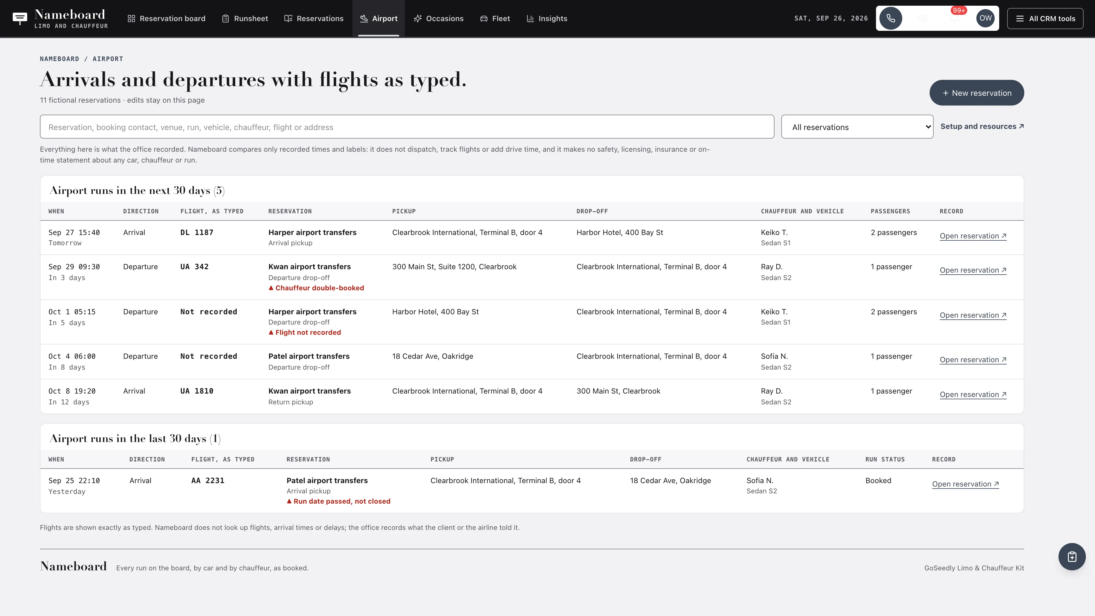 Airport in the GoSeedly Limo & Chauffeur Kit with fictional sample records