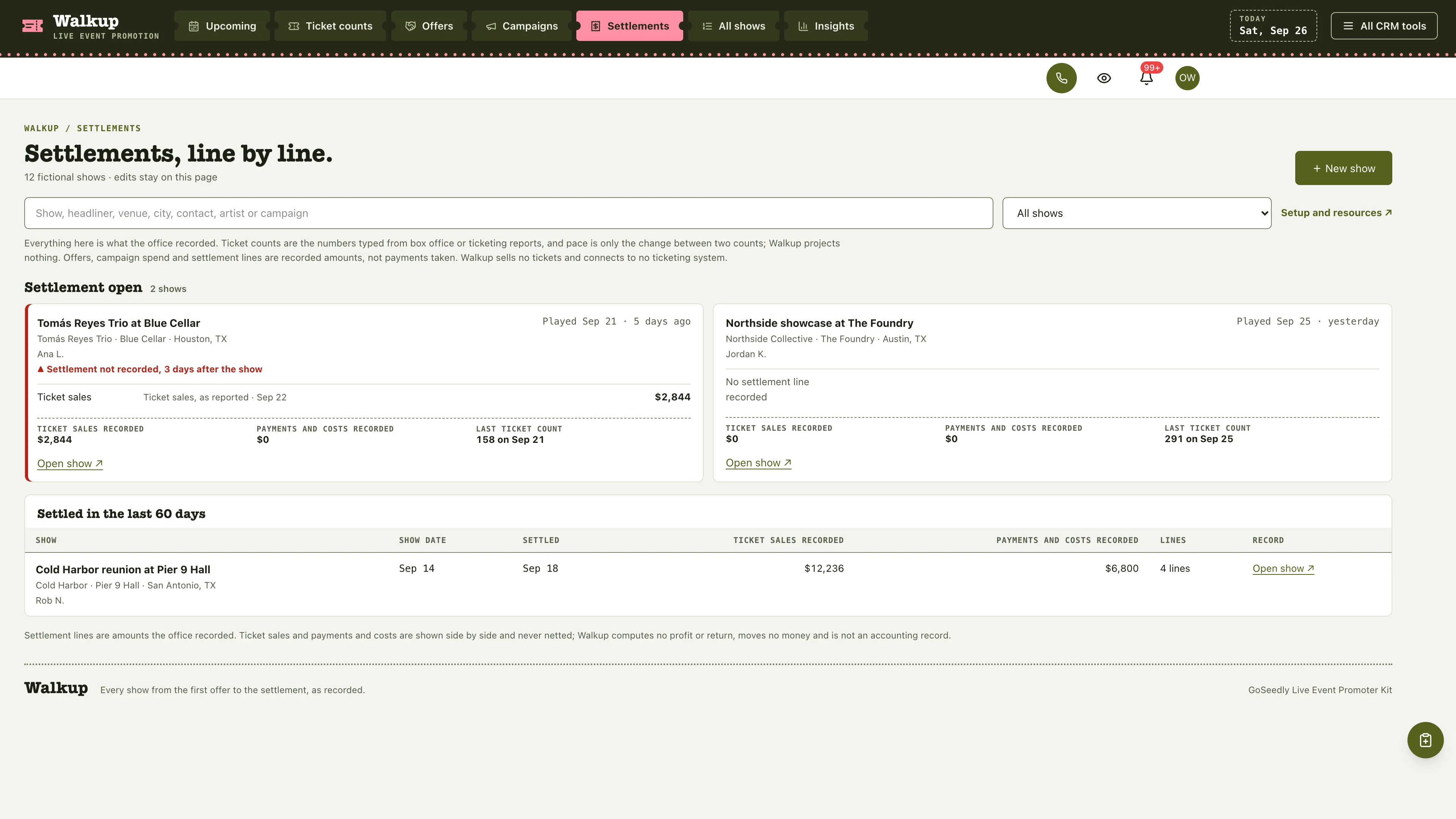 Settlements in the GoSeedly Live Event Promoter Kit with fictional sample records
