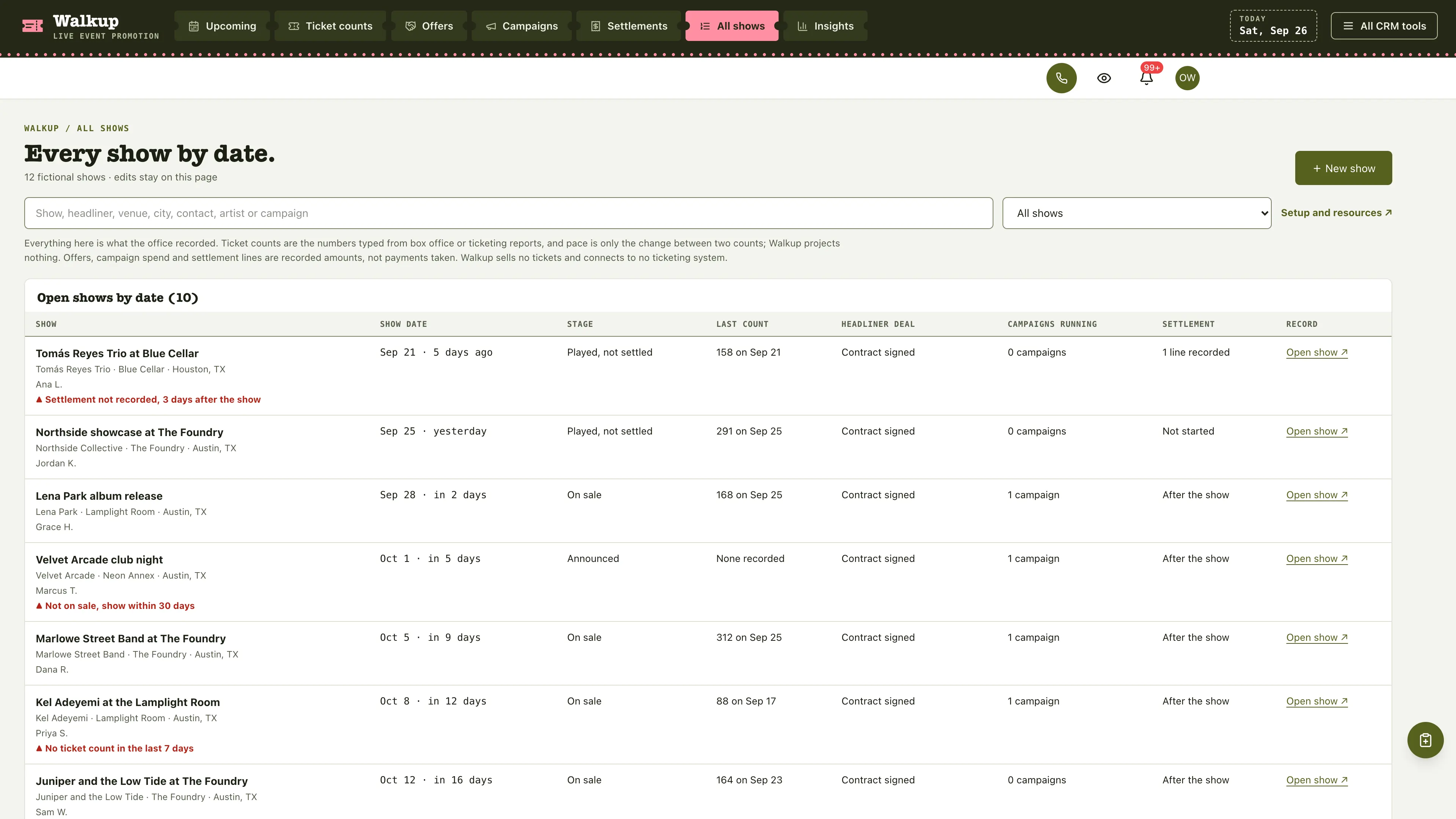 All shows in the GoSeedly Live Event Promoter Kit with fictional sample records