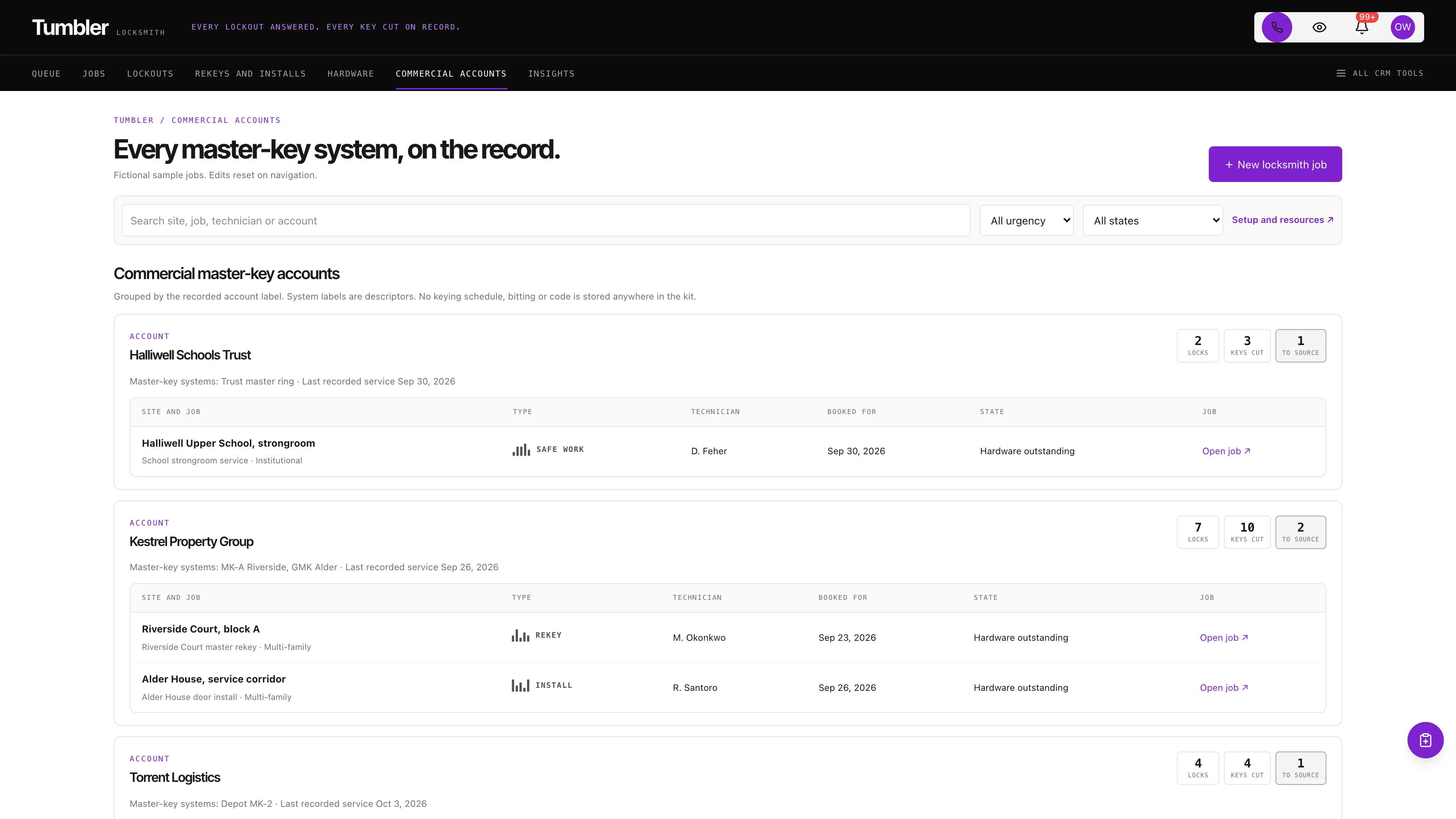 Commercial accounts in the GoSeedly Locksmith Kit with fictional sample records