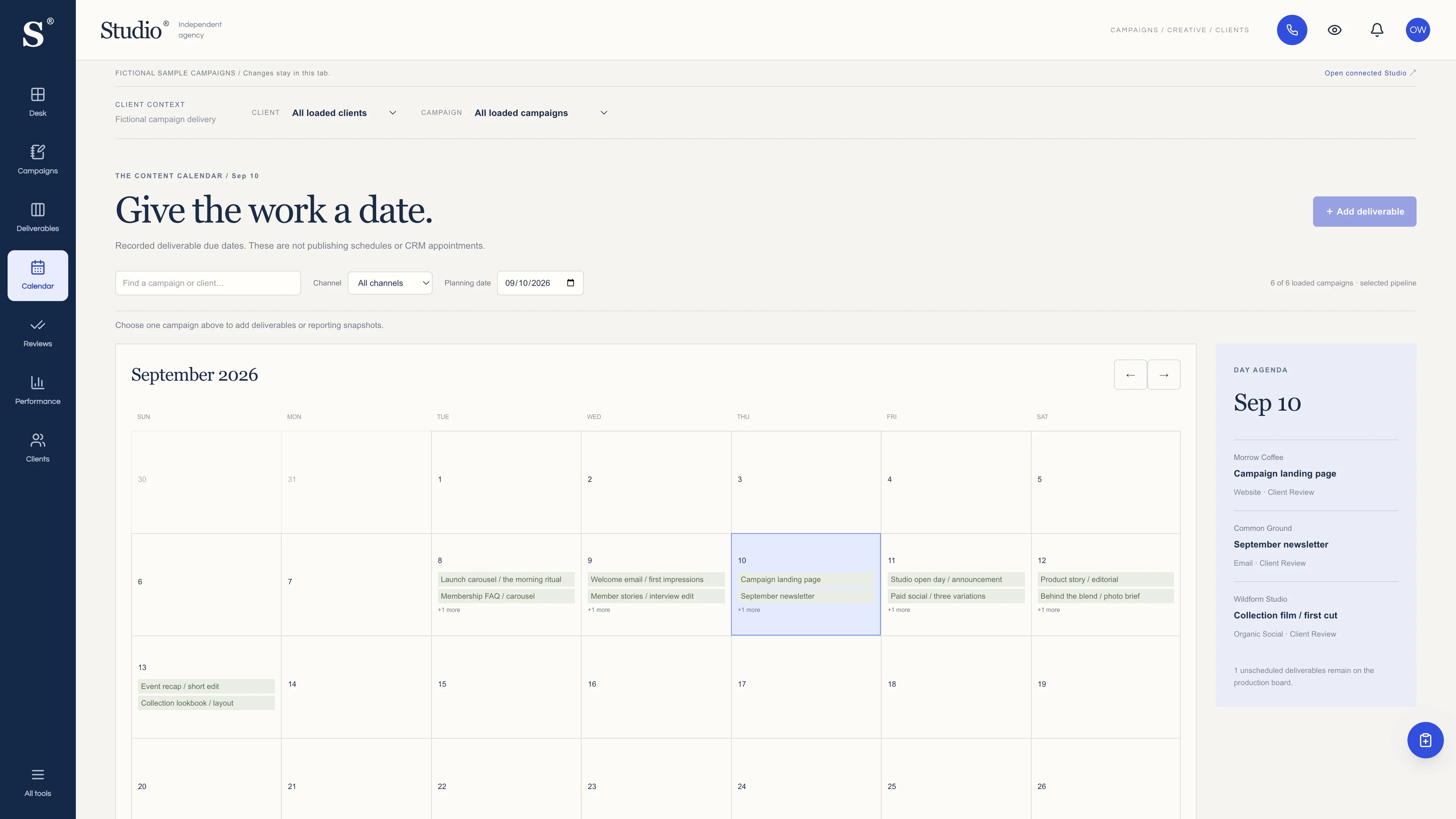 Content calendar in the GoSeedly Marketing Agency Kit with fictional sample records