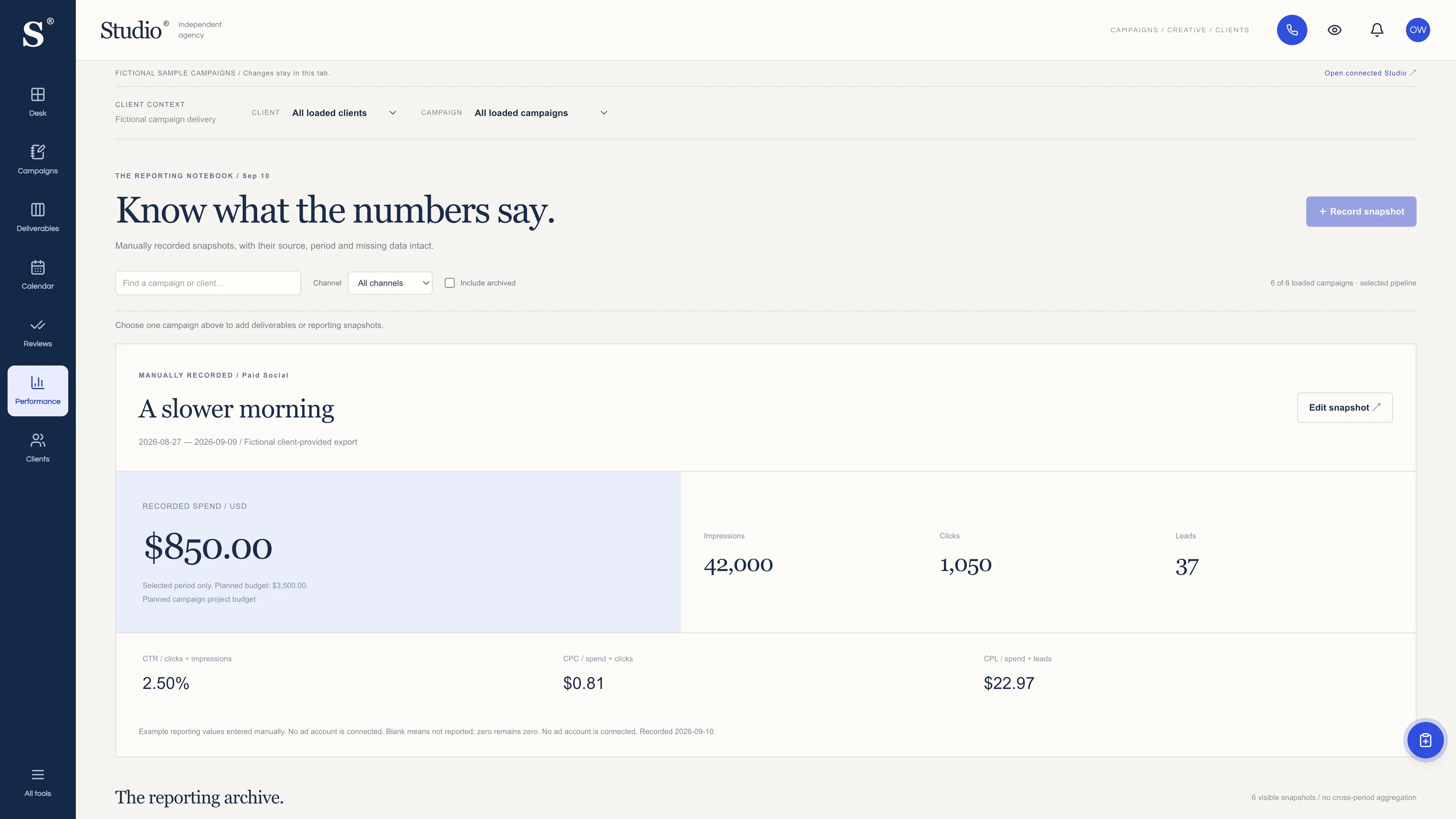 Reporting notebook in the GoSeedly Marketing Agency Kit with fictional sample records