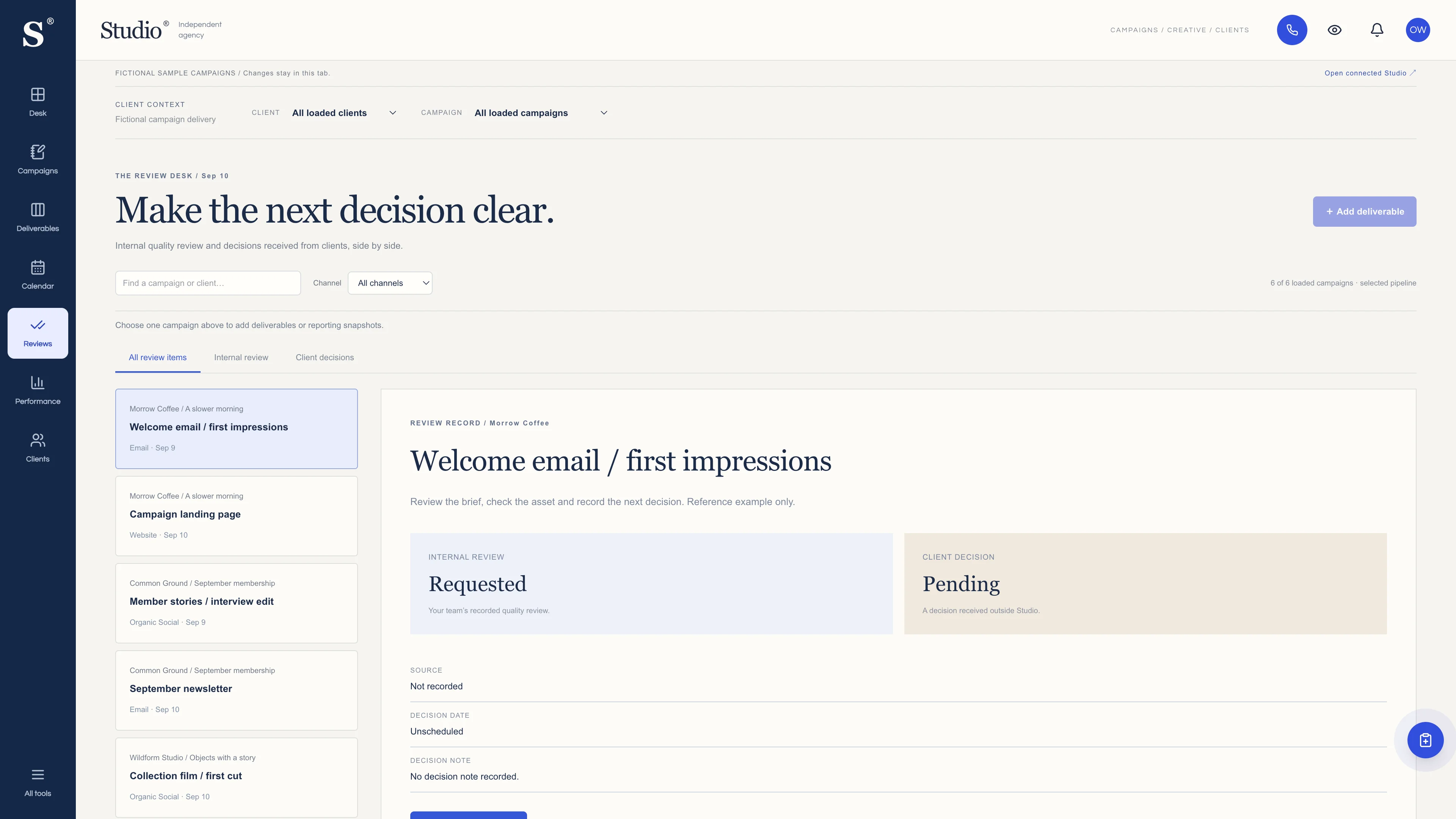 Review queue in the GoSeedly Marketing Agency Kit with fictional sample records