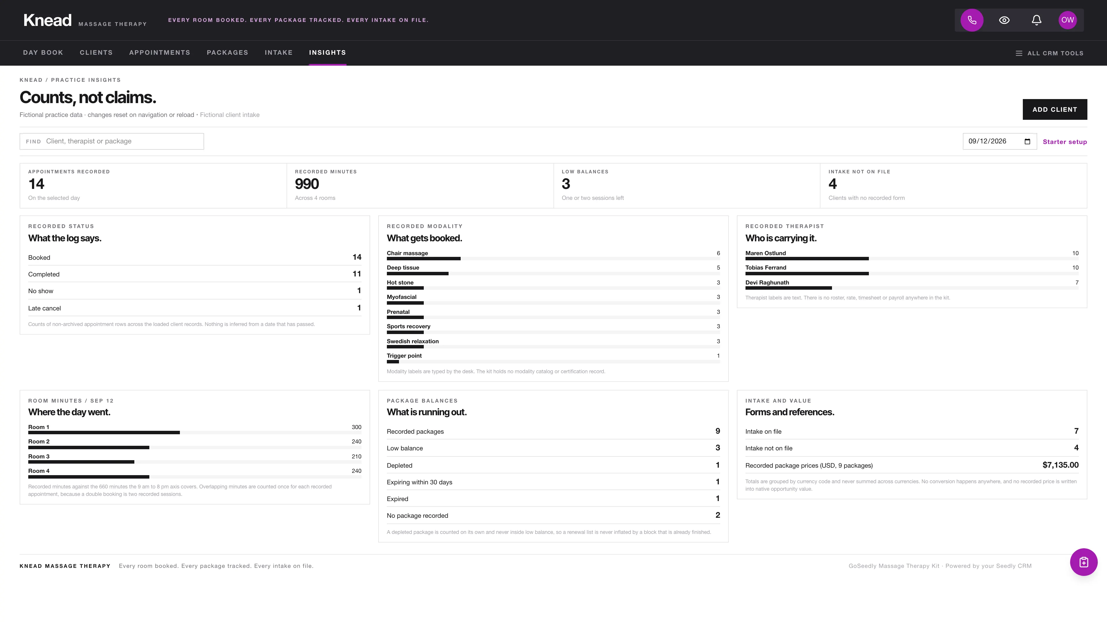 Practice insights in the GoSeedly Massage Therapy Kit with fictional sample records
