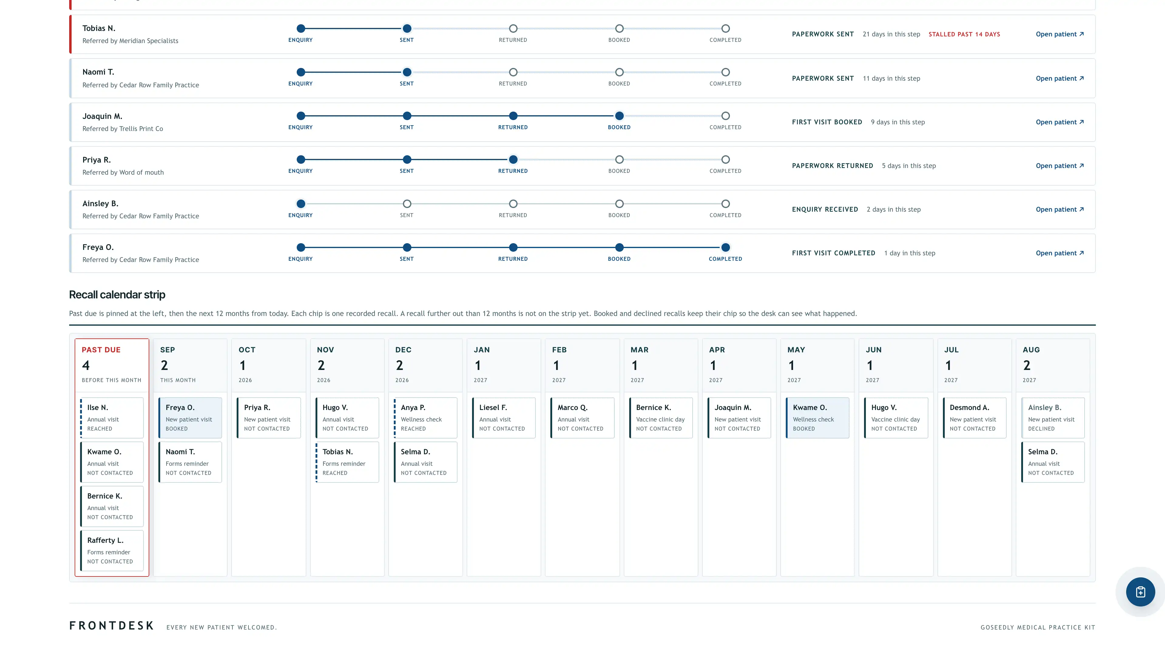 Recall strip in the GoSeedly Medical Practice Kit with fictional sample records